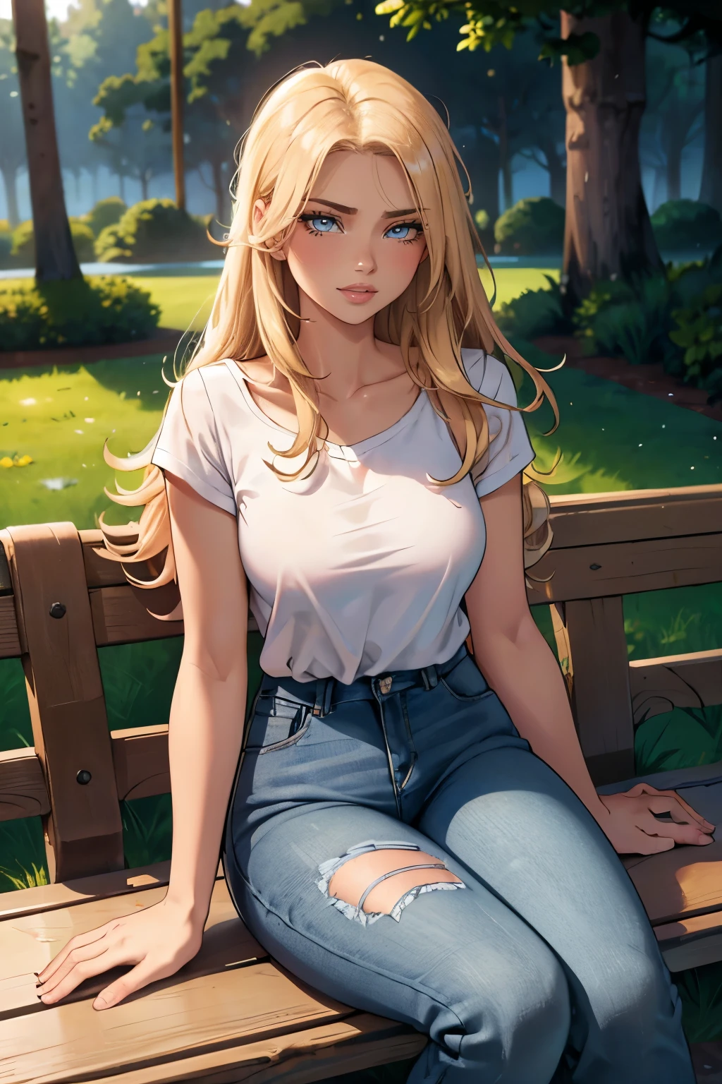 one girl, ((full body)), solo, 18-year-old blonde beauty, pale blue eyes, carefree demeanor, delicate frame, long blonde hair cascades down her back, her hair are framing her heart-shaped face, eyes hold a sparkle of excitement, wonderful smile, sitting on bench in park, checking her phone, ripped jeans, pink t-shirt,  (cinematic lighting, perfect lighting), (vivid colors), very detailed. very high resolution, sunset, realism