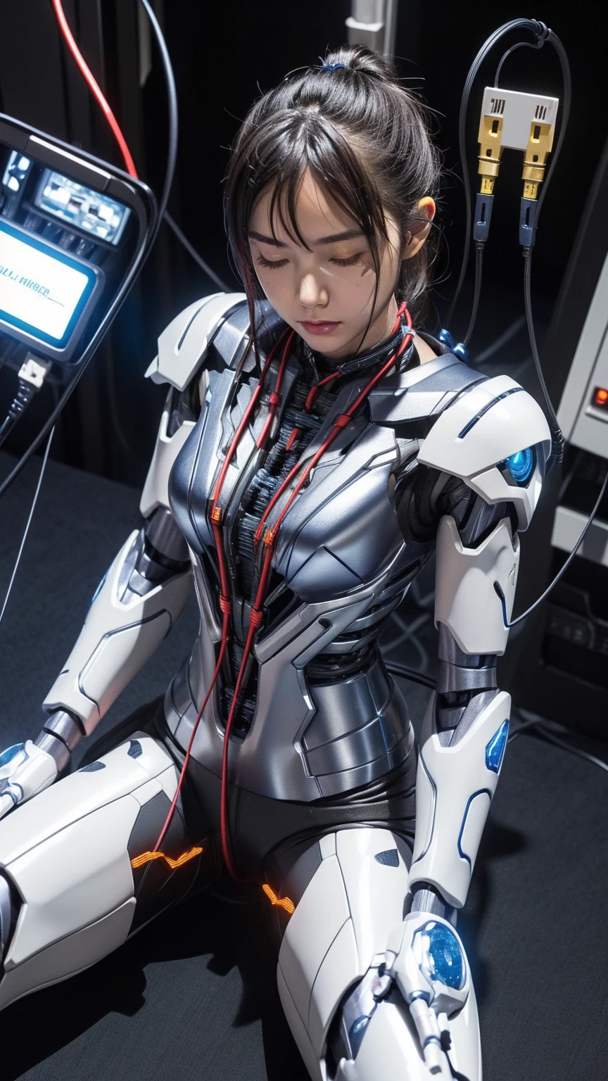 (((masterpiece))), (((highest quality))), ((Very detailed)), (Extremely detailed), ((close your eyes)), ((Kamen Rider)), ((Blue light)) ((Very delicate and beautiful)),(Cute and delicate face),Cinematic Light,((Girl)),alone,whole body,(Machine made joints:1.4),((Mechanical limbs)),(Blood vessels connected to tubes),((Mechanical vertebrae attached to the back)),((Cervical vertebrae mechanically attached to the neck)),((Sitting)),Expressionless,(Wires and cables connecting the head and body:1.5),(Character Focus),SF Black Hair　Sweaty face　cute　wearing a robot suit　Female college student　Lying in bed