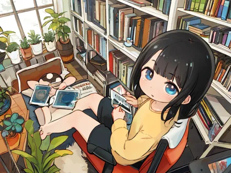 masterpiece, highest quality, girl, Very short stature，From above, plant, Black Hair, Thick eyebrows，Long Hair, Rainbow Eyes，Blu...