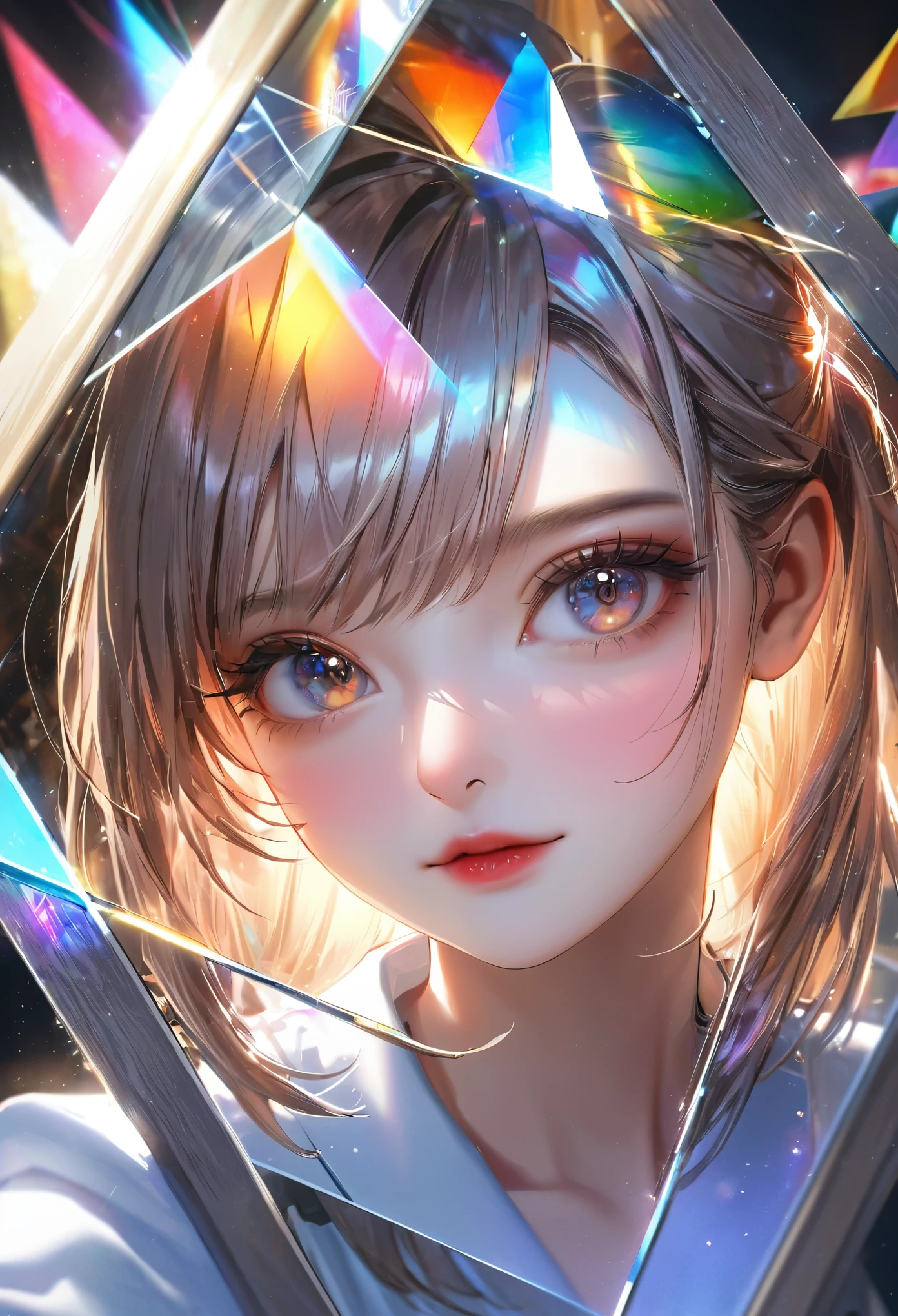 best quality, super fine, 16k, incredibly absurdres, extremely detailed, portrait, perfect beauty, prism effect, mirror effect, professional lighting