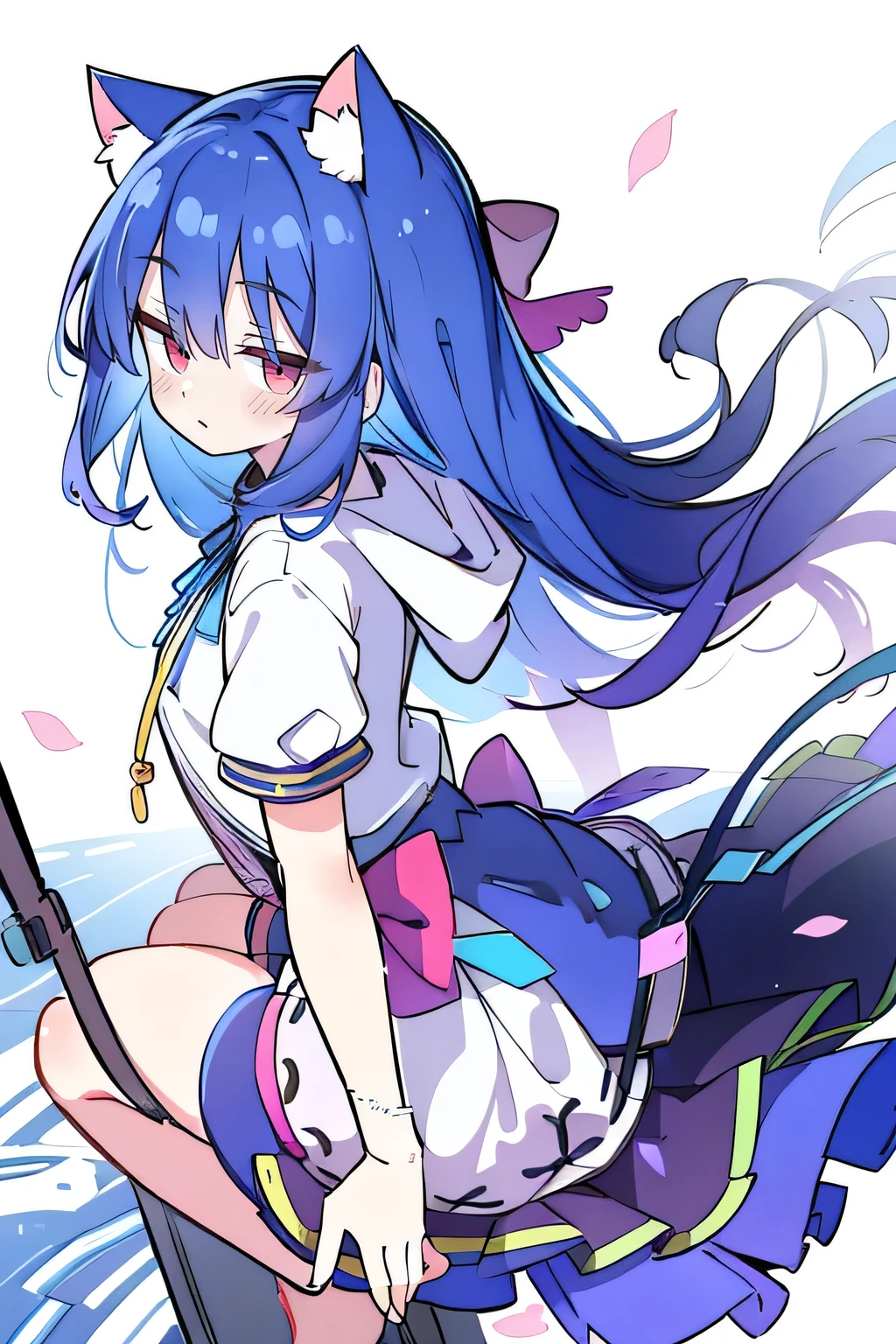 Anime girl with blue hair and cat ears holding a sword - SeaArt AI