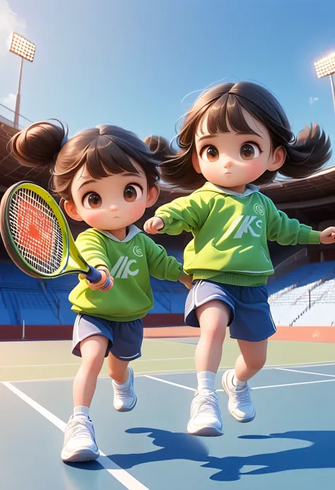 3D, 1 boy, 1 girl, tennis, tennis court, shooting the ball into the basket, Tracksuit, Cartoon style, sport stadium