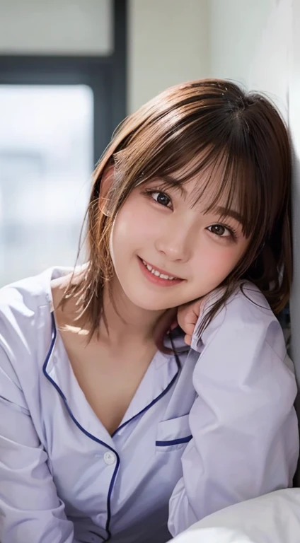 (Best Quality,4K,8K,hight resolution,masutepiece:1.2),Ultra-detailed,(Realistic,photoRealistic,photo-Realistic:1.37),8k,18-year-old、(night)、Japanese、woman,pajamas、(whole body:1.3)、Beautiful and fine details、Absurd、信じられないほどAbsurd、An unforgettable smile、Dirty hair、Floating hair、bedroom、Droopy eyes、random cute hairstyle、Medium breast、(Angle from below:1.3)