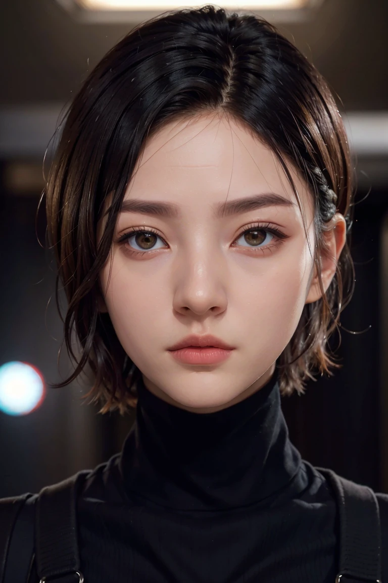 A stunning intricate full color portrait of zaraZof1, wearing a black turtleneck, epic character composition, by Ssunbiki, alessio albi, nina masic, sharp focus, natural lighting, subsurface scattering, f2, 35mm,, short hair