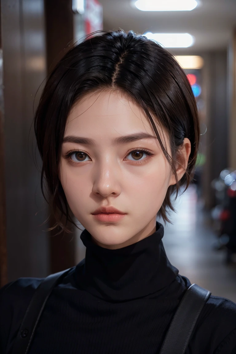 A stunning intricate full color portrait of zaraZof1, wearing a black turtleneck, epic character composition, by Ssunbiki, alessio albi, nina masic, sharp focus, natural lighting, subsurface scattering, f2, 35mm,, very short hair