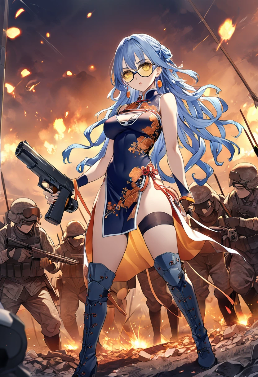 masterpiece、highest quality、Ultra-high resolution、Maximum resolution、Very detailed、Professional Lighting、anime、Adult female、thin、so beautiful、、China dress、Has a handgun、Yellow Eyes、Blue Hair、Long Wavy Hair、Earrings、Fingerless gloves、Tactical Boots、Equipped with transparent orange shooting glasses、Equipped with a chest rig、Standing alone on the battlefield