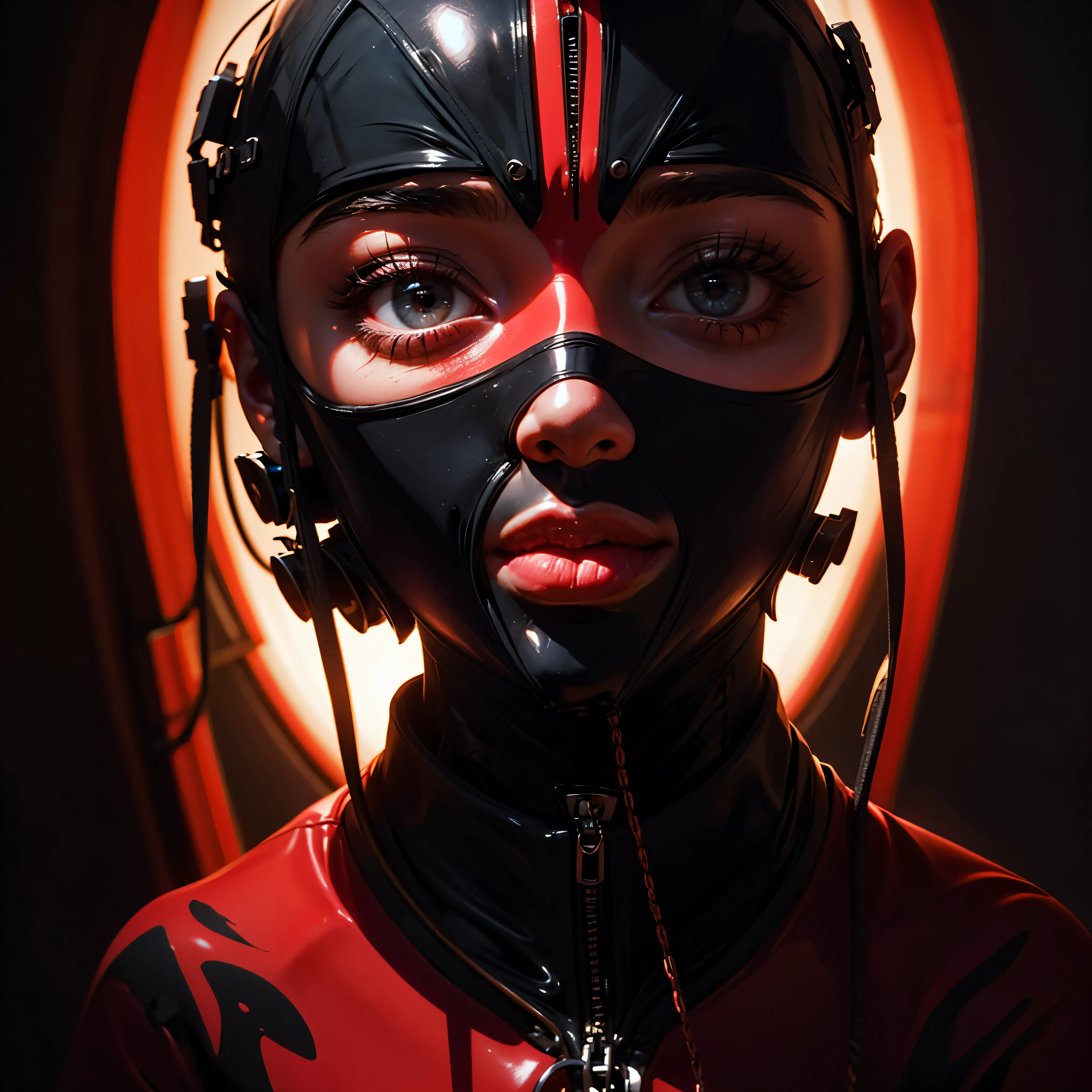 a very beautiful and very thin girl, wears black underwear with tights and latex face mask. Dark room with only red neon lighting. Viele Details, extremely realistic. good quality, 8k