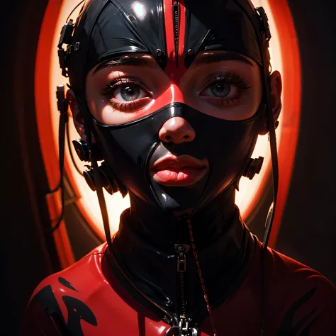 a very beautiful and very thin girl, wears black underwear with tights and latex face mask. dark room with only red neon lightin...