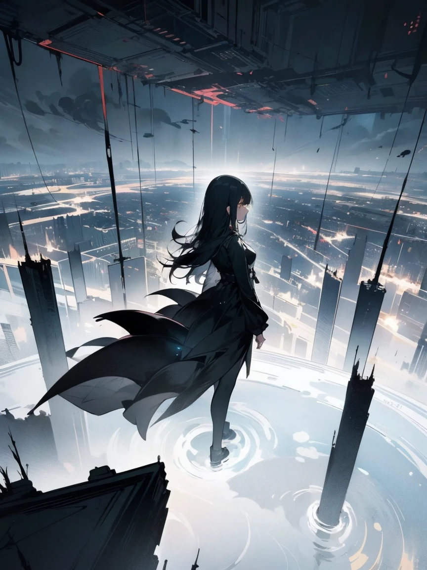 high quality, One Girl, Sad, Look Down, Bottom of the earth, stand up, abyss, A city surrounded by high walls, dark Cloud, Black Dress, Long Hair, Dystopia, dark