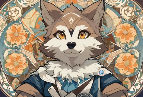 highres, top quality, best quality, paid reward available, High-quality illustrations by Alfons Mucha, unparalleled masterpiece, perfect artwork, absurdres, logo mark, stamp, Geometric pattern, vector-art, masterpiece(kemono, furry anthro)flower,