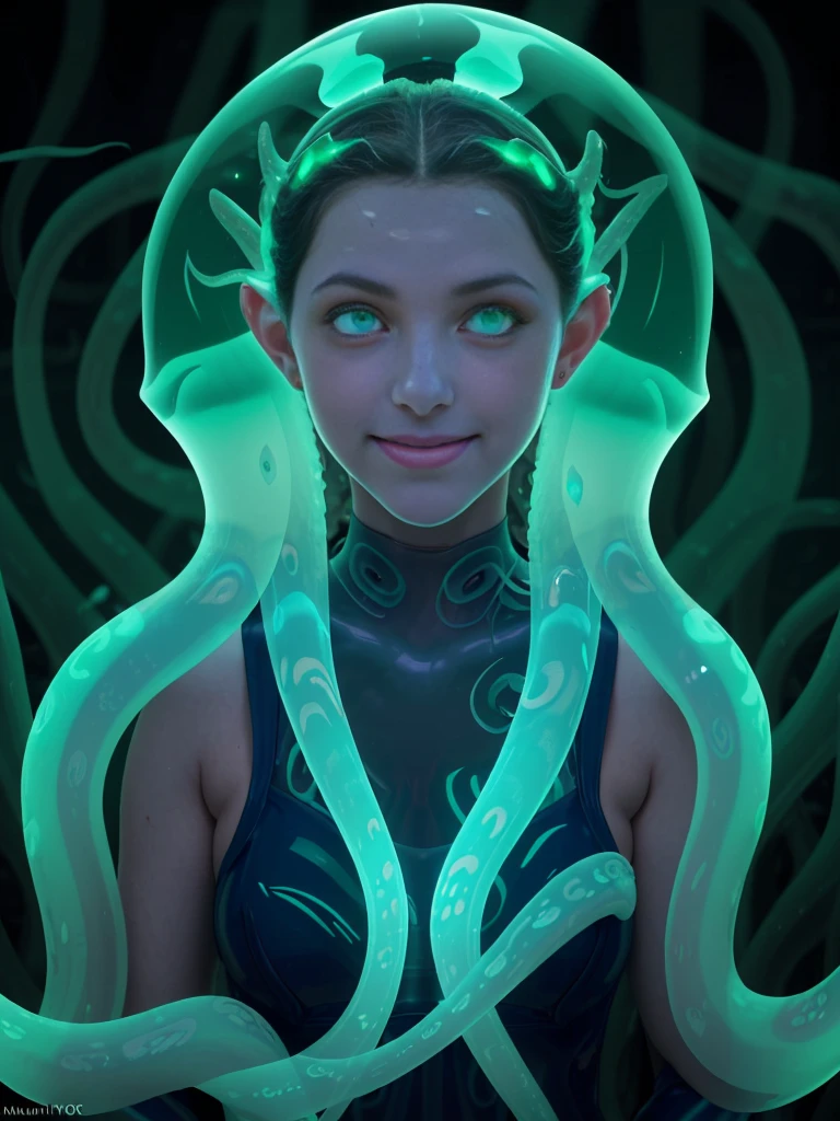 (A portrait of one beautiful pale withe young teenager:1.4), (realistic face:1.2), (green eyes:1.4), (Numerous award-winning masterpieces, with incredible detail, textures and maximum detail), artistic photography, midnight aura, unreal engine 5, Ultra Sharp Focus, art by Amano Yoshitaka, ArtGerm, Roisch, intricate artwork, ultra realistic realism, high resolution, High freshness, drawing faithfully, official art, Unity 8K Wall paper, ultra detailed artistic photography, dream-like, Creation of fantasy, dream Snail, (biopunk nautilus:1.3),Thrilling color schemes, smiling, Amazing mutation, well-proportioned body, Geometric pattern, impossible figures, (semi-translucent aqua tentacles with luminescent tentacles:1.4), subtle emerald green accents, (smiling seductively:1.3), (She has the most beautiful face in the history of the universe:1.5), (she is looking down at viewers with glowing green eyes:1.3), an evil gaze that seduces, cinematic lighting, in the hall of the palace, (model posing:1.5), (beautiful big breast)
((She has a countless hair-like semi-translucent tentacles on her head:1.8))