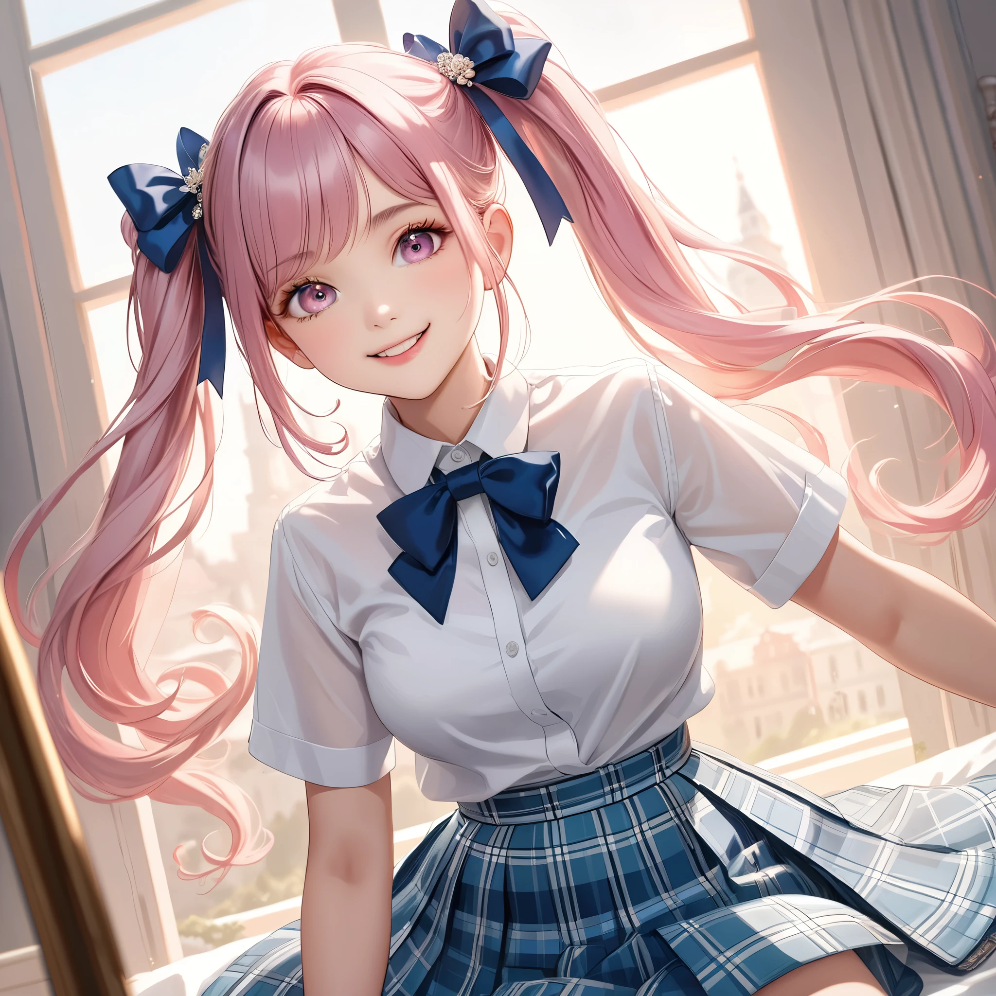 (8K, masutepiece, Highest Quality, Best Quality, Official art, Breathtaking beauty and aesthetics, A highly detailed, The best masterpiece in history that exceeds limits, Breathtaking and beautiful lighting:1.2), (1 Absolute Beautiful Girl, Solo), (sixteen years old), (beautiful detailed face), (shiny white skin), (beautiful detailed pink twin tails hair, Bangs:1.3), (beautiful detailed adolable drooing pink eyes:1.3), (high school uniform), (white shirt, pastel blue Tartan Plaid pleated skirt, patsel blue ribbon:1.3), (Beautiful big bust:1.3), (happy smile, Beautiful smile, Gentle smile, cute smile, innocent smile:1.2), (Attractive, amazing, Beautiful, Elegant, Luxurious, magnifica, Happy, Eye-catching, the ultimate beauty, Supreme Beauty, Superlative beauty, Elegant, Graceful, Everyone loves it, Beauty that fascinates everyone, Healed, The highest level of complete beauty, cute like an idol, Stylish like a fashion model, Goddess-like grace, Be loved, cute little, adolable), Look at the camera, cute pose, breathtaking scenery, (ultra detailed realistic Beautiful high school study, morning:1.3),