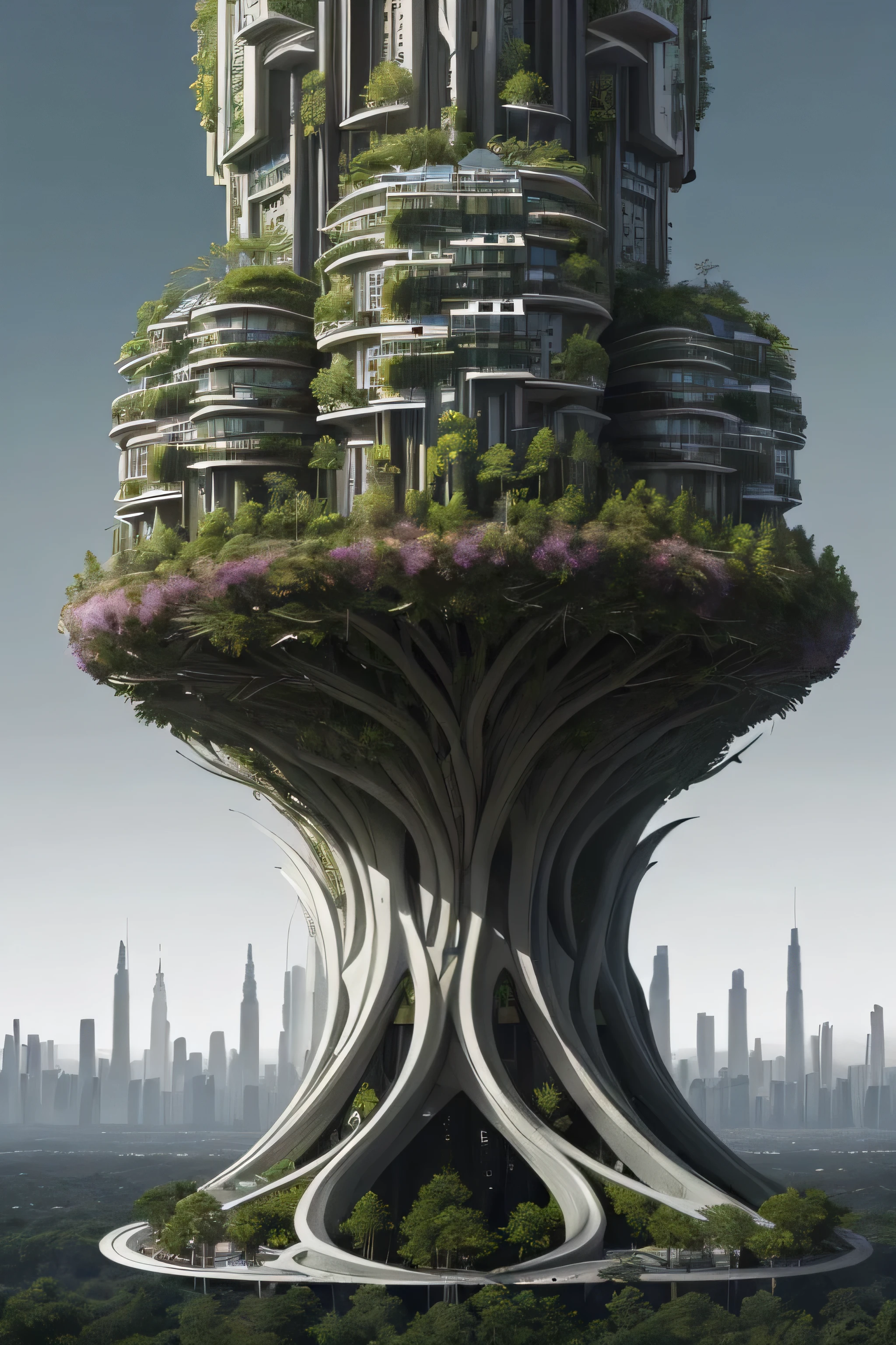 Eine Nahaufnahme eines hohen Gebäudes mit vielen Bäumen auf dem Dach, Einzigartige Architektur!, Einzigartige Architektur, Schöne Architektur, atemberaubende Architektur, cyberpunk tree house, seltsame außerirdische Bäume, vincent callebaut, surreale Architektur, fantasie architektur, die architektur kunst, Solarpunk-Architektur, surreales Design, tolle Architektur, pflanzliche Architektur, with surreale Architektur, großartiges Design