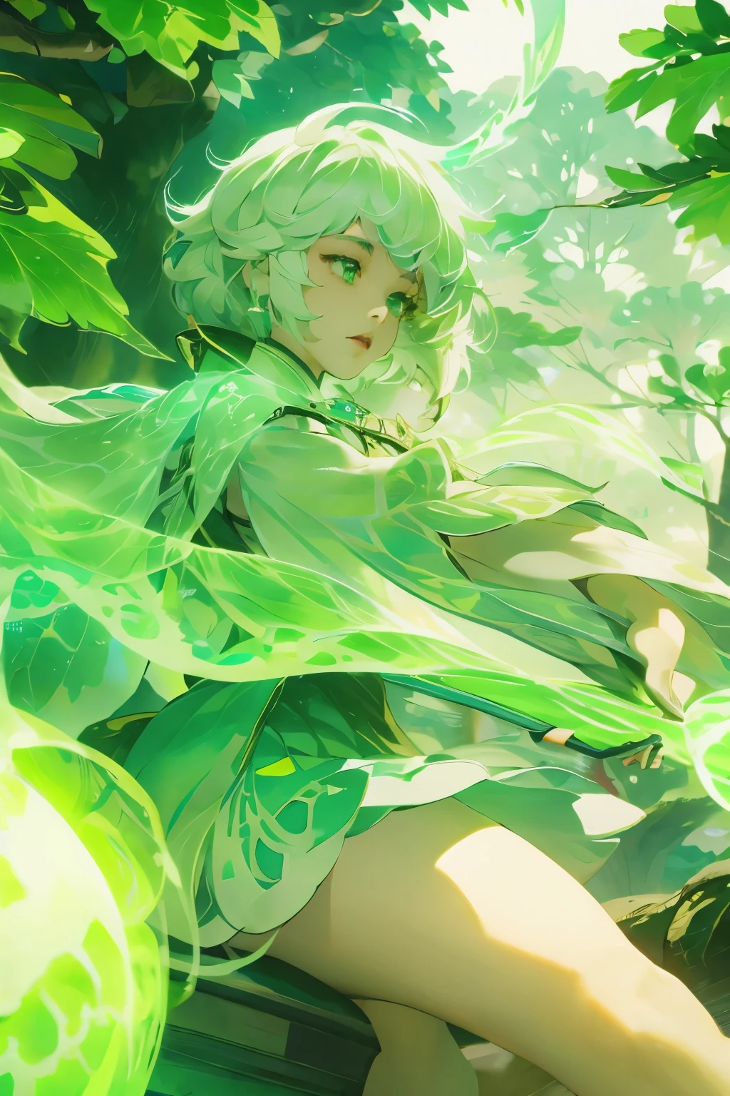 Hanfu, (Ru_group), Tree, pool, white hair, Green Eyes, Nashida_Genshin Impact, child, masterpiece, best quality