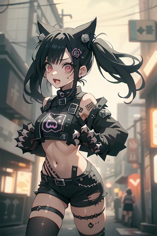 2D,solo,1woman\(cute,kawaii,small kid,evil smile,floating hair,messy hair,(black hair:1.2),long hair,twin tails hair,pale skin,skin color blue,red eyes,eyes shining,big eyes,(ripped clothes:1.5),tight tube top,(breast:1.4),tight hot pants,(dynamic pose:1.6),(stomach shown:1.4),(punk fashion:1.4),fluffy black cat-ear,(dynamic pose:1.4),(anatomically correct hands:1.6),5fingers each hand,open mouth\), BREAK ,background\(outside,noisy city,backstreet,narrow street,(dark:2.0),neon lights\),[chibi],[nsfw:2.0],quality\(8k,wallpaper of extremely detailed CG unit, ​masterpiece,hight resolution,top-quality,top-quality real texture skin,hyper realisitic,increase the resolution,RAW photos,best qualtiy,highly detailed,the wallpaper/)