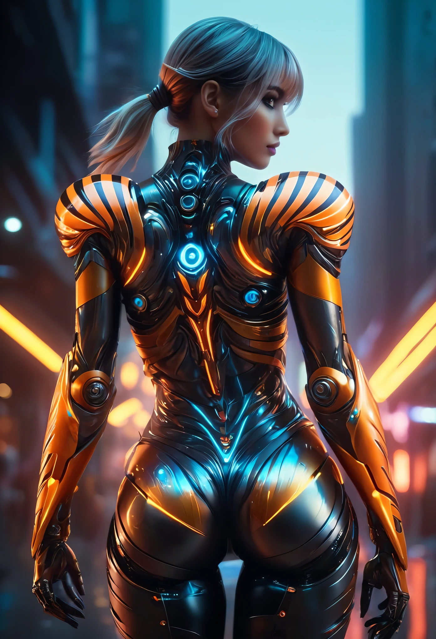 (best quality,4k,8k,highres,masterpiece:1.2),ultra-detailed,(realistic,photorealistic,photo-realistic:1.37),(from behind:1.5),1 android girl, beautiful detailed eyes, beautiful detailed lips, extremely detailed eyes and face, longeyelashes, metallic skin, mechanical body,sleek design,fierce expression,tiger-inspired features,striking orange and black stripes,glowing neon lights,wisps of exhaust smoke,urban sci-fi setting,gritty atmosphere,city skyline in background,high-tech gadgets and accessories,visually stunning,concept artists,impressive digital artwork,vivid colors,dynamic perspective,dramatic lighting,emitting ethereal glow,sharp focus,extraordinary details,highly detailed robotic limbs,sleek and polished surface,industrial style,enhanced strength and agility,androids resembling wild animals,mixture of beauty and power,exuding a sense of mystery,intense and captivating scene,blurring the boundaries between machine and nature, (glowing tiger eyes:1.5)