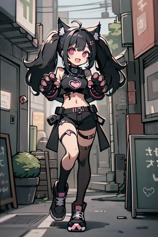 2D,solo,1woman\(cute,kawaii,small kid,evil smile,floating hair,messy hair,(black hair:1.2),long hair,twin tails hair,pale skin,skin color blue,red eyes,eyes shining,big eyes,(ripped clothes:1.5),tight tube top,(breast:1.4),tight hot pants,(dynamic pose:1.7),(stomach shown:1.4),(punk fashion:1.4),fluffy black cat-ear,(dynamic pose:1.4),open mouth,better hands,Perfect Hands\), BREAK ,background\(outside,noisy city,backstreet,narrow street,(dark:2.0),neon lights\),[chibi],[nsfw:2.0],quality\(8k,wallpaper of extremely detailed CG unit, ​masterpiece,hight resolution,top-quality,top-quality real texture skin,hyper realisitic,increase the resolution,RAW photos,best qualtiy,highly detailed,the wallpaper/),