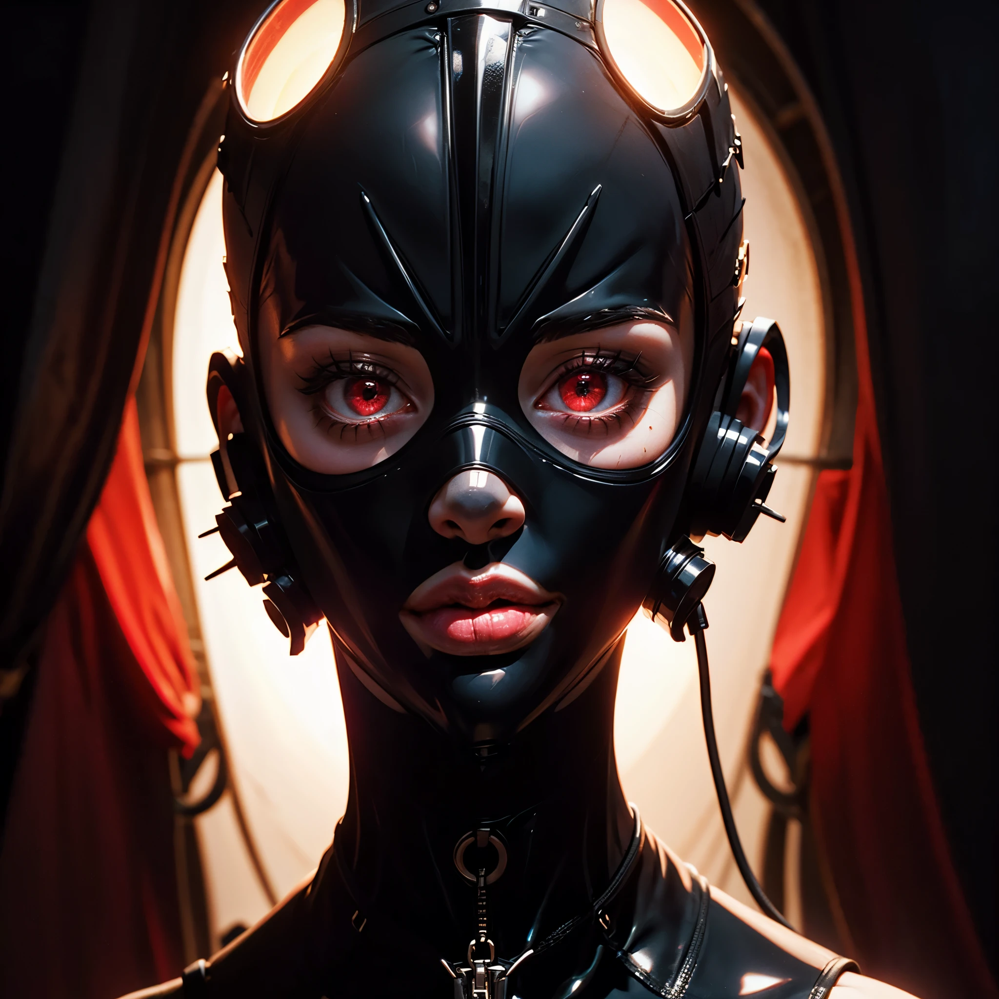 a very beautiful and very thin girl, wears black underwear with tights and latex face mask. Dark room with only red neon lighting. Viele Details, extremely realistic. good quality, 8k