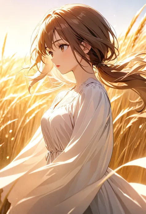 (masterpiece:1.4),, (highest quality:1.4),, Ultra-high resolution,, 8k, CG,, (Very delicate and beautiful:1.2),, , Upper Body,, From the side,, View your viewers,, , One girl,, alone,, Robber Girl,, Mature Girls,, , cute, sweet,, , In the wheat field,, Blu...