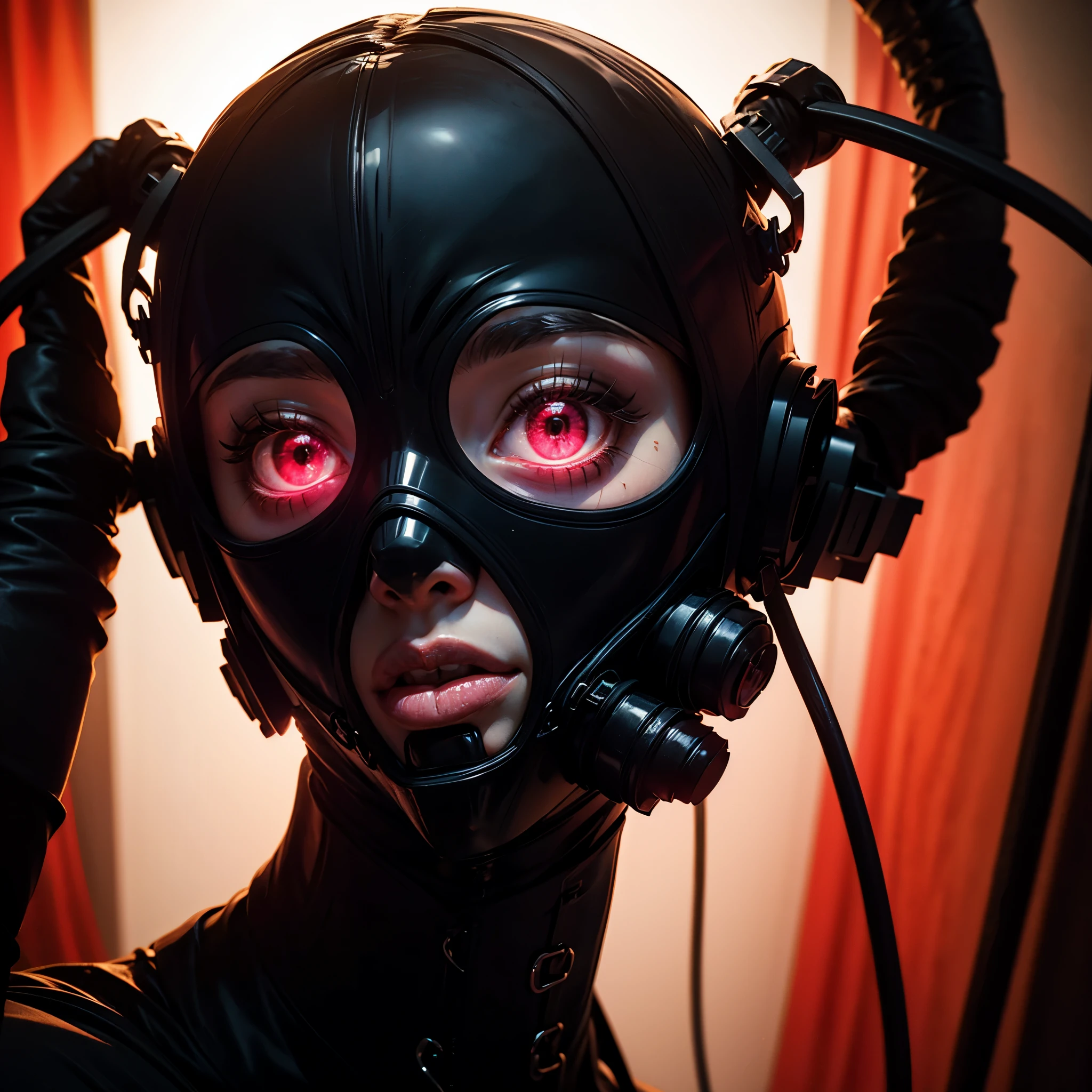 a very beautiful and very thin girl, wears black underwear with tights and latex face mask. Dark room with only red neon lighting. Viele Details, extremely realistic. good quality, 8k