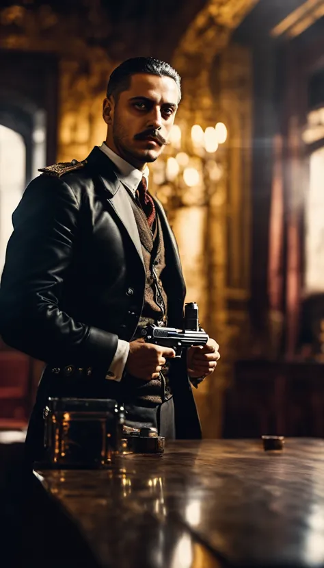 gavrilo princip holding a pistol, background cinematic, hyper realistic, ultra detailed hyper realistic, photorealistic, studio ...