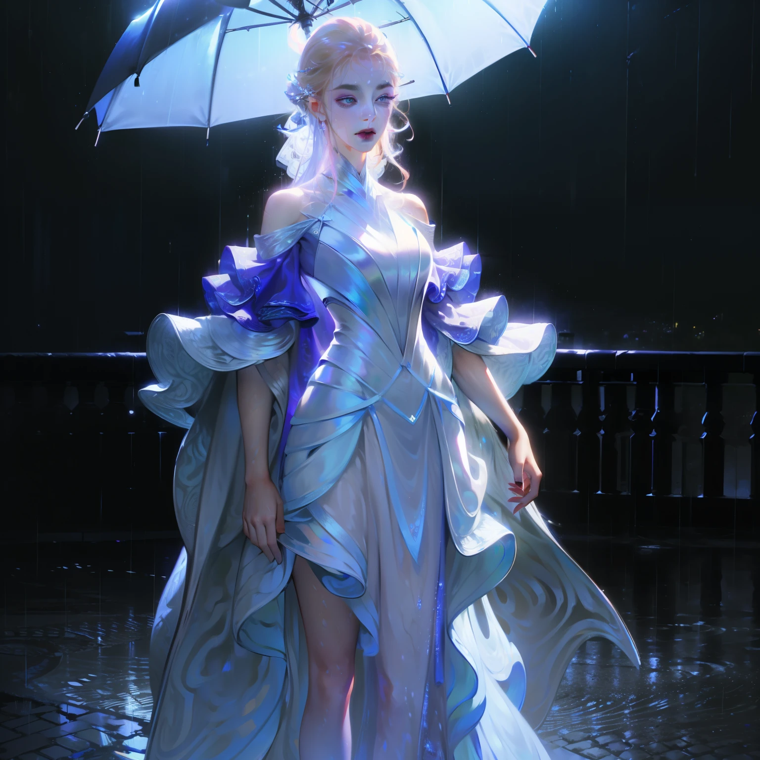 ((Meilleure qualité, 8k, robe longue en dentelle, debout sous la pluie, , Texture du visage et de la peau très détaillée, Yeux délicats, Double paupières.)
