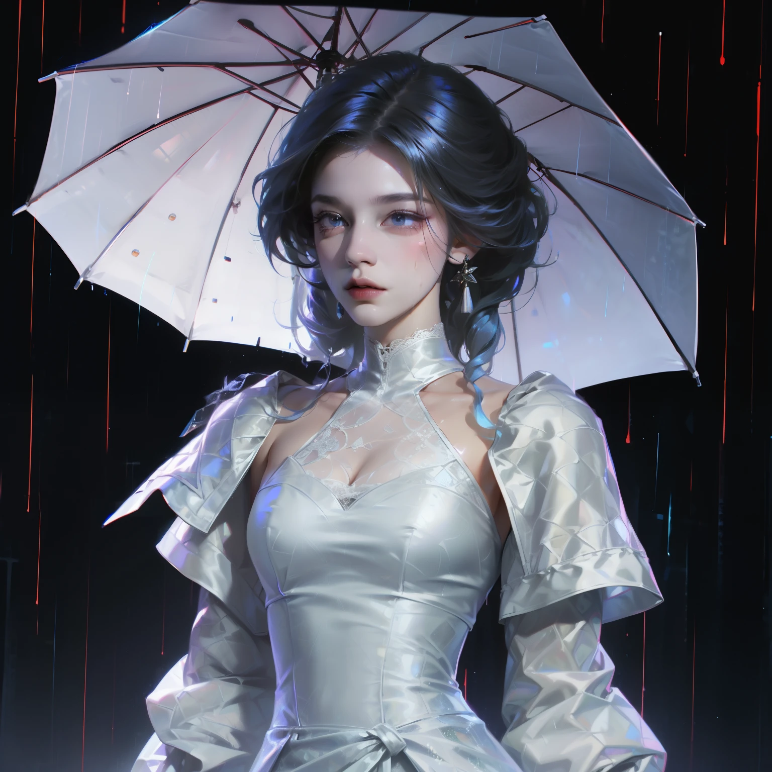 ((best quality, 8k, Lace maxi dress, Standing in the rain, , Highly detailed face and skin texture, Delicateeyes, Double eyelids.)
