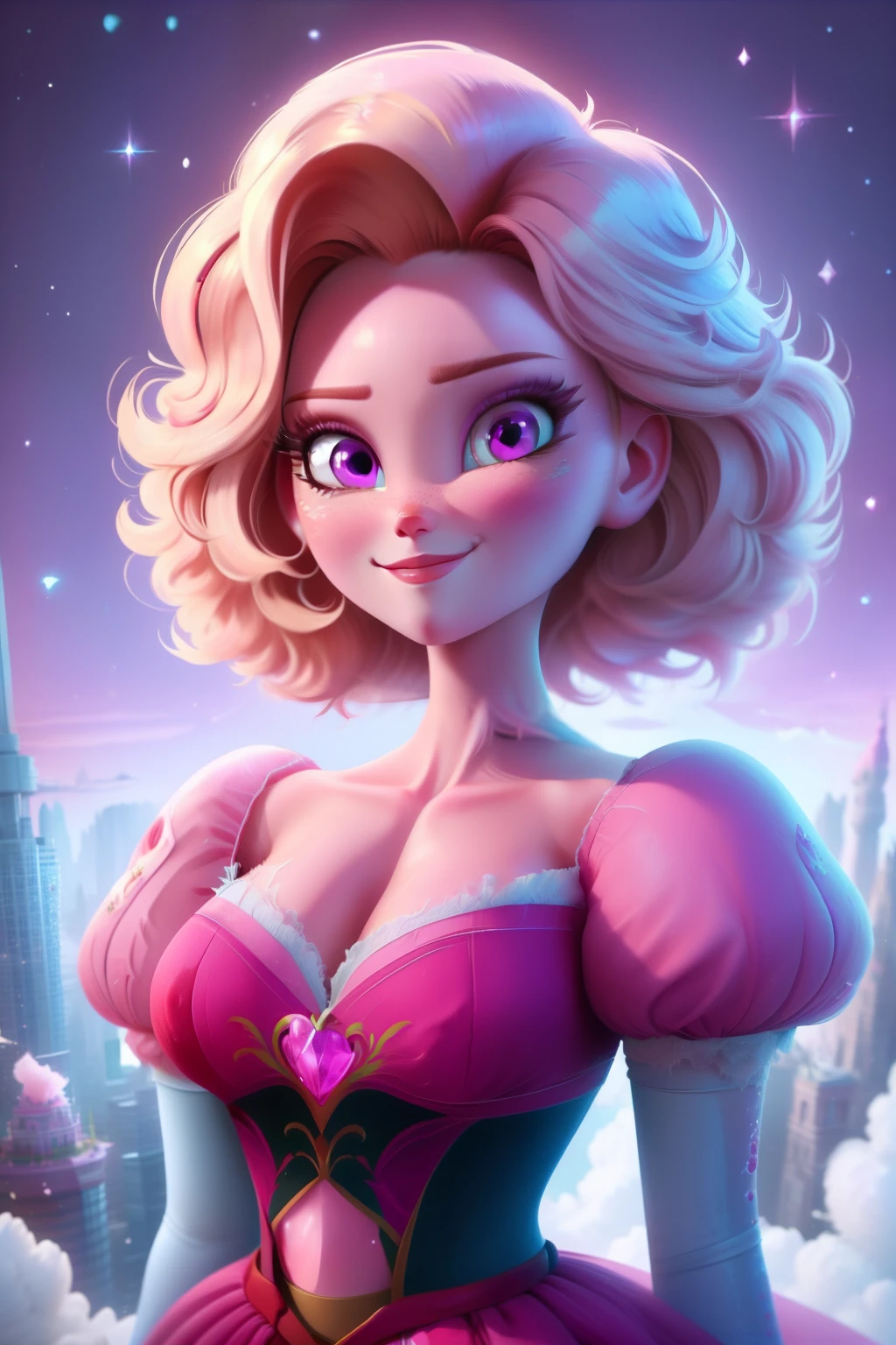 pnkdamond, pink hair, pink eyes,  big hair,  stomach gem,  pink skin,  toned, 
puffy short sleeves, elbow gloves ,  white thighhighs,   puffy dress, 
standing, upper body, 
 outerspace,  
(insanely detailed, beautiful detailed face,beautiful detailed eyes, masterpiece, best quality) cinematic lighting,  smile, 
 