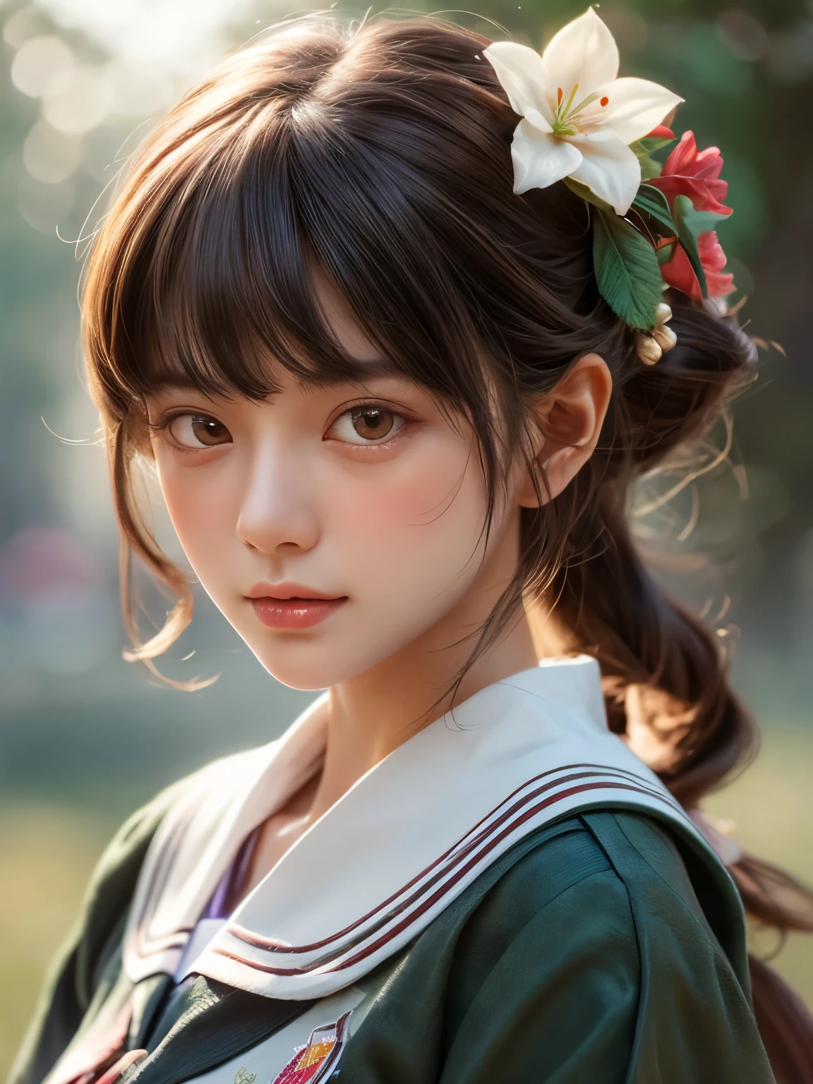 (Highest quality detailed:1.2), realistic, 8k uh, High resolution, (1 girl:1.2), Super detailed, high quality texture, intricate details, detailed, Very detailed CG, high quality shadows, detailed beautiful and delicate face, Beautiful details and delicate eyes, Depth of the bounds written, ray tracing, cute japanese girl, narrow side, glossy lips, glow eyes, perfect body, look at the audience, (Eye color is brown), (bright red flower hair ornament), (white long hair), (layered hairstyles), (School Uniform), White flowers bloom all over the field