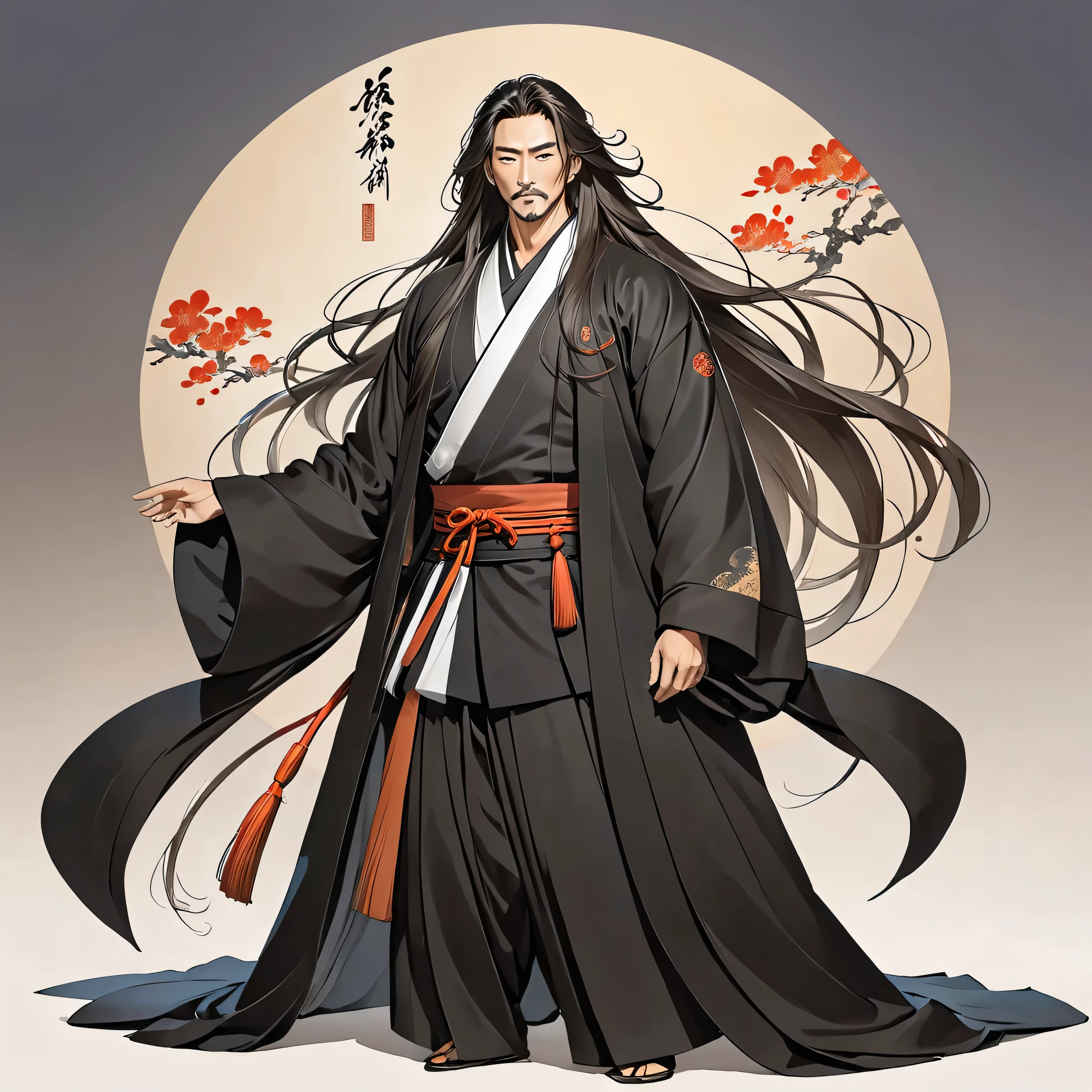 A man with long and flowing hair, dressed in a loose three-piece luxurious coat, Revealing a calm and carefree expression, The style is reminiscent of Chinese martial arts and Japanese anime character design, showcasing a mature artistic style, ( ( character concept art ) ), full body character drawing