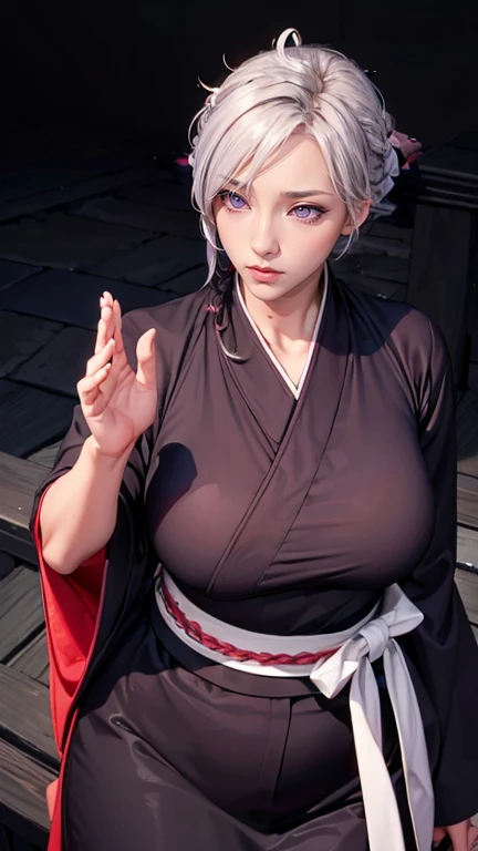 （（（Perfect Figur，Figur，lange Ärmel, japanische kleidung, Kimono, Haori, black Kimono, sowie, black sowie,（（（isane kotetsu, Kurzes Haar, flechten, weißes Haar, (lila Augen:1.1), hair flechten, ））），（（（Breite Hüften））），S-shaped Figur:1.7））），((Meisterwerk)),Hohe Auflösung, ((Best Qualität at best))，Meisterwerk，Qualität，Best Qualität，（（（ exquisite Gesichtszüge，Blick ins Publikum,Es gibt Licht in den Augen，erröten，Glücklich））），（（（Verflechtung von Licht und Schatten，riesig ））），（（（Blick in die Kamera，Kampfhaltung，Geisterstraße，Glühen，von oben，herunterschauen）））