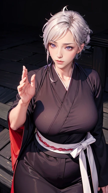 （（（Perfect figura，figura，mangas compridas, roupas japonesas, quimono, Haori, black quimono, hakama, hakama preto,（（（isane kotetsu, cabelo curto, Trança, cabelo branco, (olhos roxos:1.1), hair Trança, ））），（（（quadris largos））），S-shaped figura:1.7））），((obra de arte)),Alta resolução, ((Best qualidade at best))，obra de arte，qualidade，Best qualidade，（（（ características faciais requintadas，olhando para o público,Há luz nos olhos，corar，feliz））），（（（Entrelaçamento de luz e sombra，Enorme ））），（（（olhando para a câmera，postura de luta，Estrada Fantasma，brilho，de cima，Olhando para baixo）））