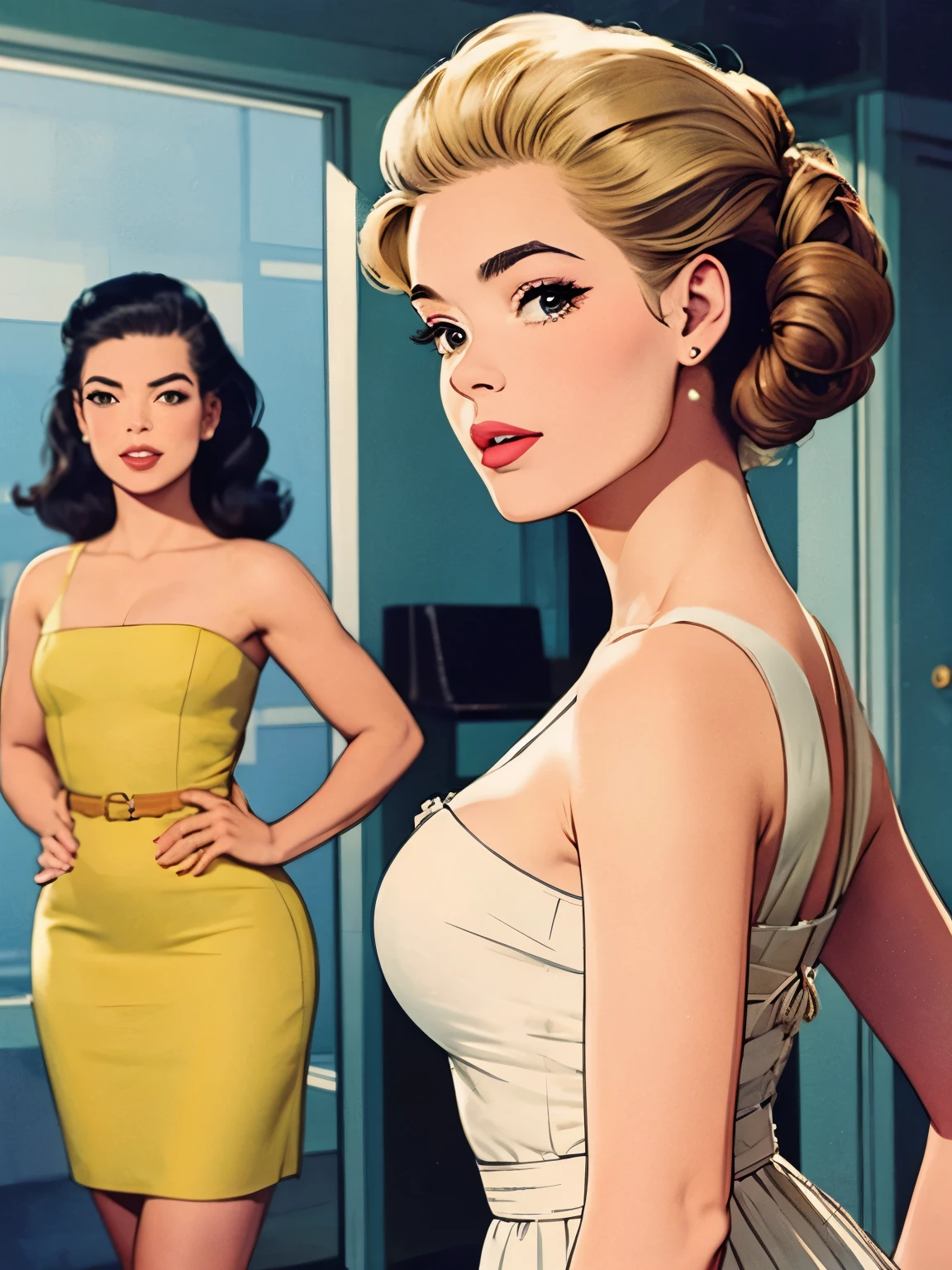 (masterpiece), (best quality), natural beauty, beautiful, natural body, Rebecca Rittenhouse, Isabela Merced, 1950s dresses, 1950s hairstyle