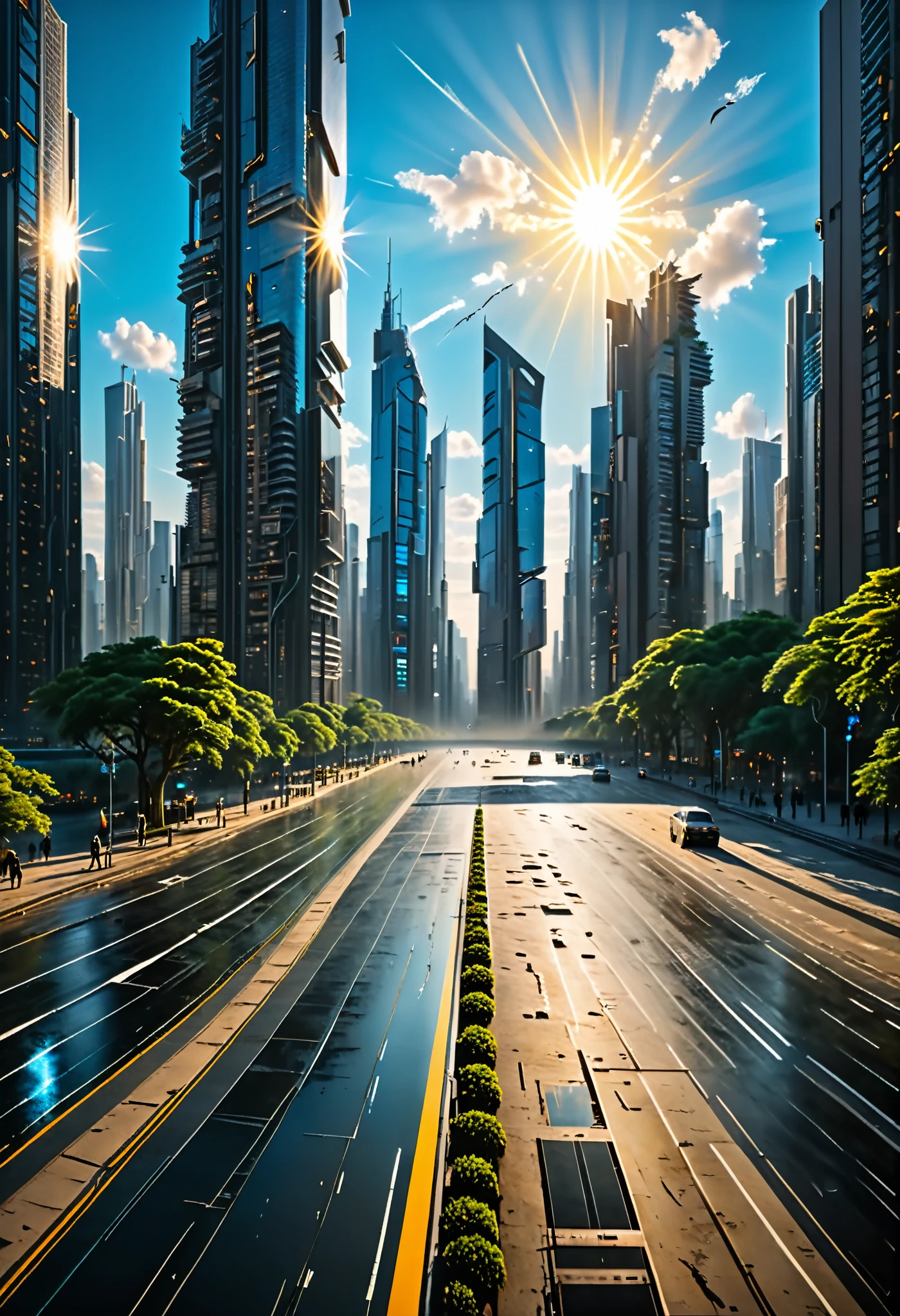 (melhor qualidade,4K,8K,alta resolução,obra de arte:1.2),Ultra-detalhado,(realista,photorealista,photo-realista:1.37),vista aérea,paisagem,panorâmico,expansivo, grande, paisagem urbana,arranha-céus,prédios altos,ambiente urbano,tráfego,ruas,estradas,pessoas andando,pássaros voando,luz solar,sombras,Nuvens suaves,céu azul,detalhes nítidos,layout intrincado da cidade,estética,Arquitetura moderna,cores vibrantes,Brisa suave,pitoresco,dia.