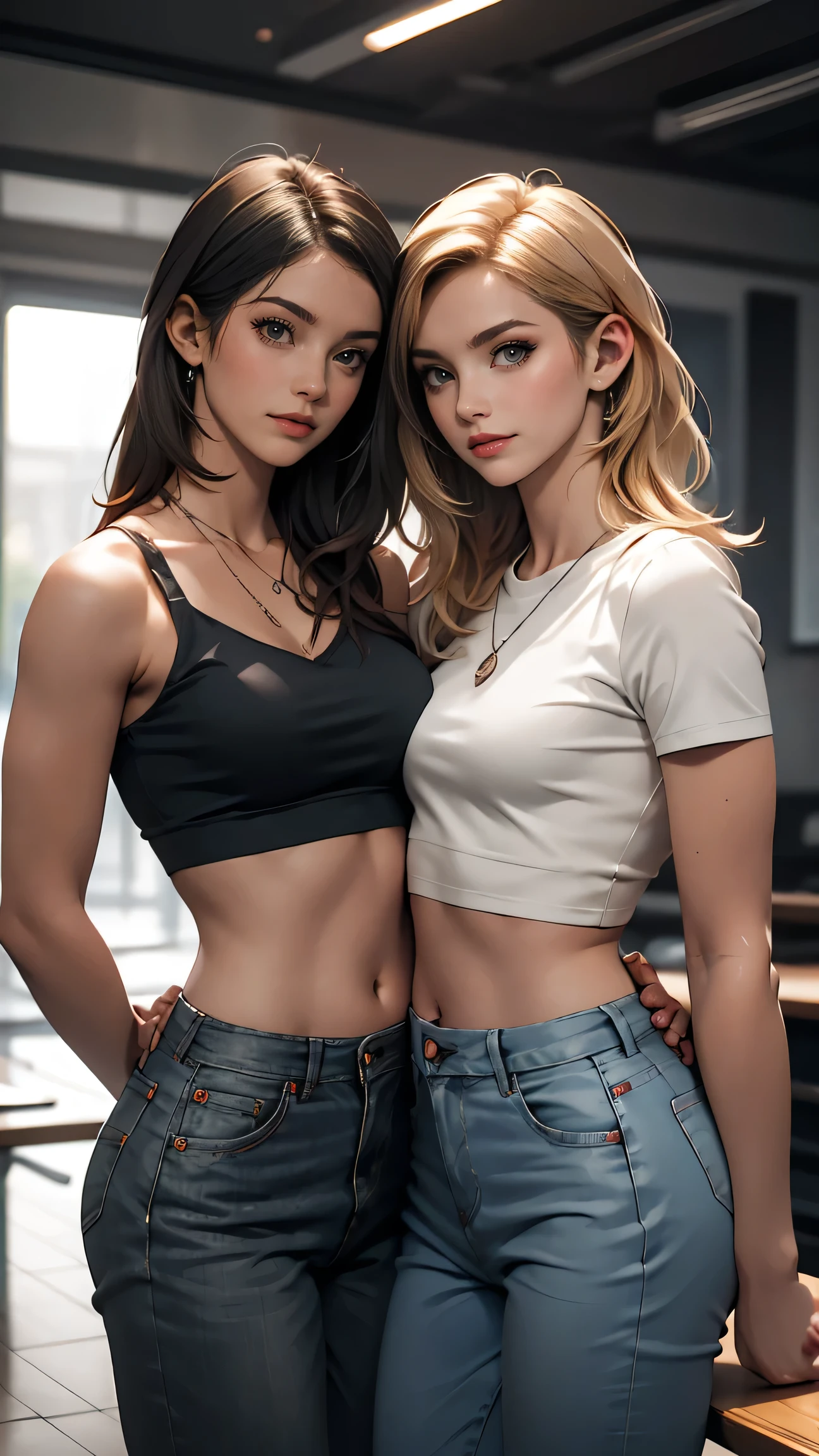 Two women in jeans posing for a picture in a kitchen - SeaArt AI