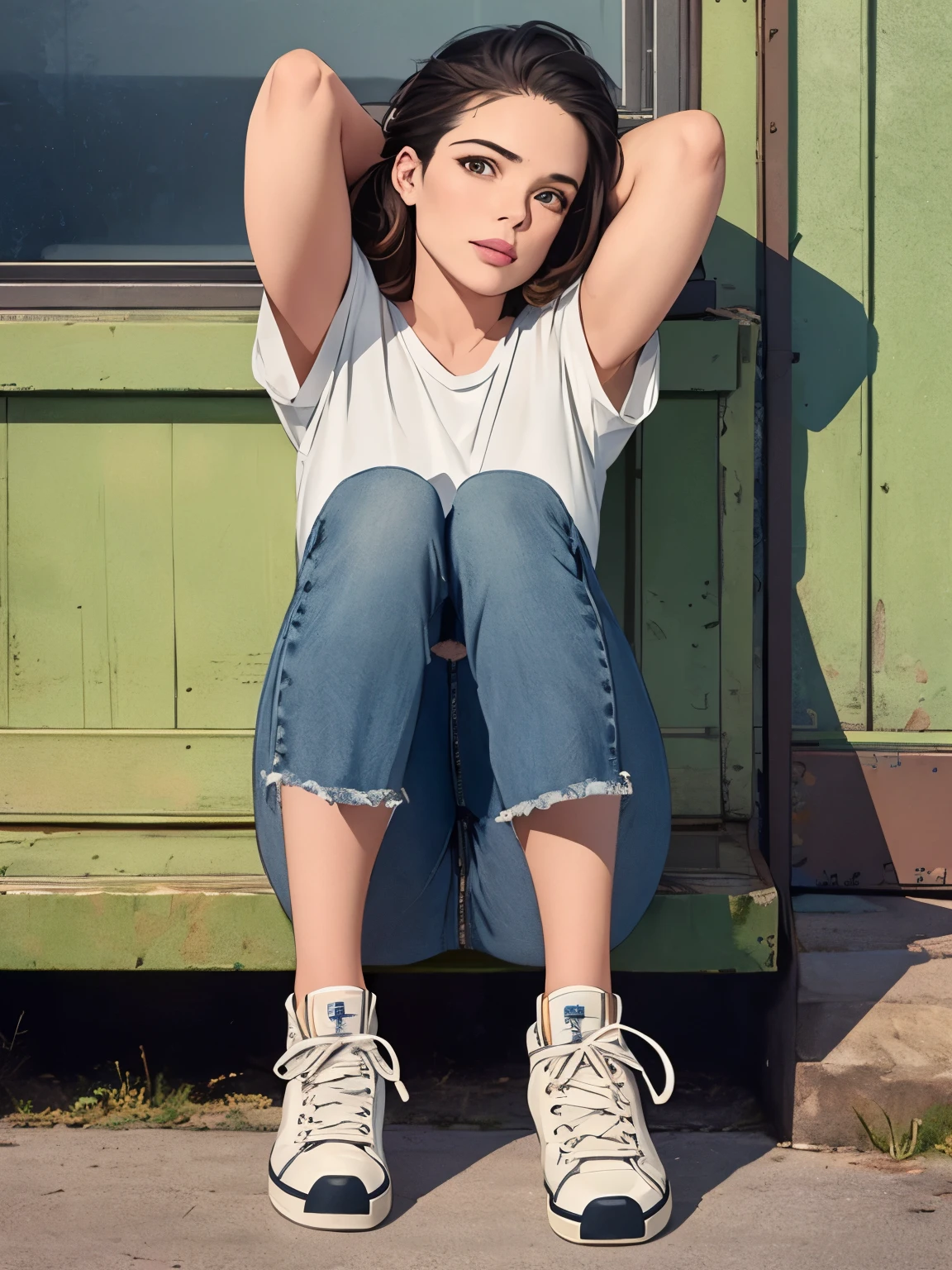 (masterpiece), (best quality), natural beauty, beautiful, natural body,(Isabela Merced:0.8) (Rebecca Rittenhouse:1.2), t-shirt, jeans, high top sneakers 