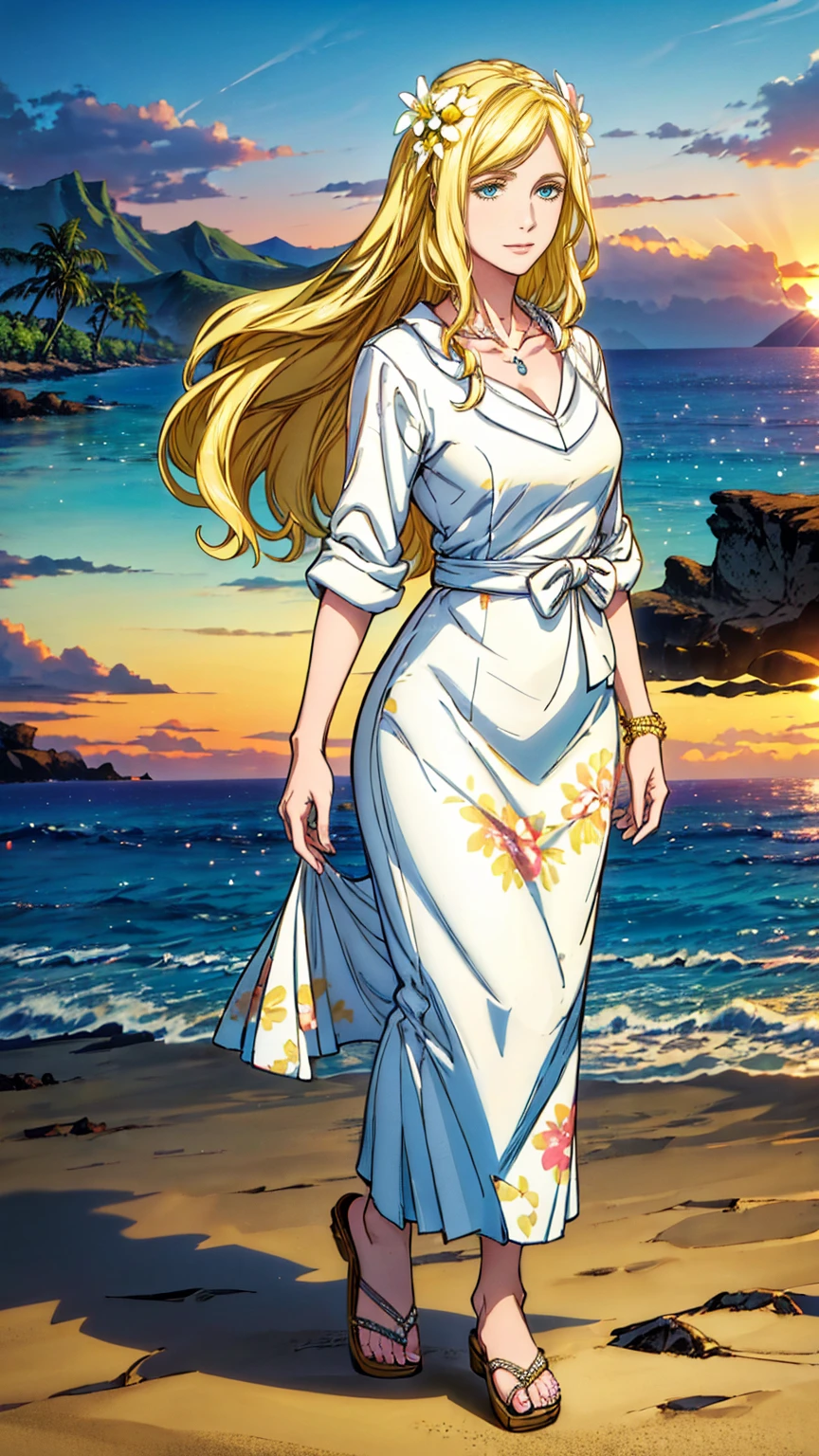 (masterpiece, best quality, high resolution, ultra detailed), (beautiful and aesthetic: 1.2), 1 female, adult female, blonde long hair, blue eyes, gentle face, (slight smile: 0.8), detailed eyes and face, perfect body, full-length figure, beautiful makeup, beautiful hula skirt, Hawaiian skirt, Hawaiian style, Hawaiian shirt, sandals, flowers woven into hair, flower beads on the neck, beach, Hawaii, golden hour, sea , sand, holiday on the beach