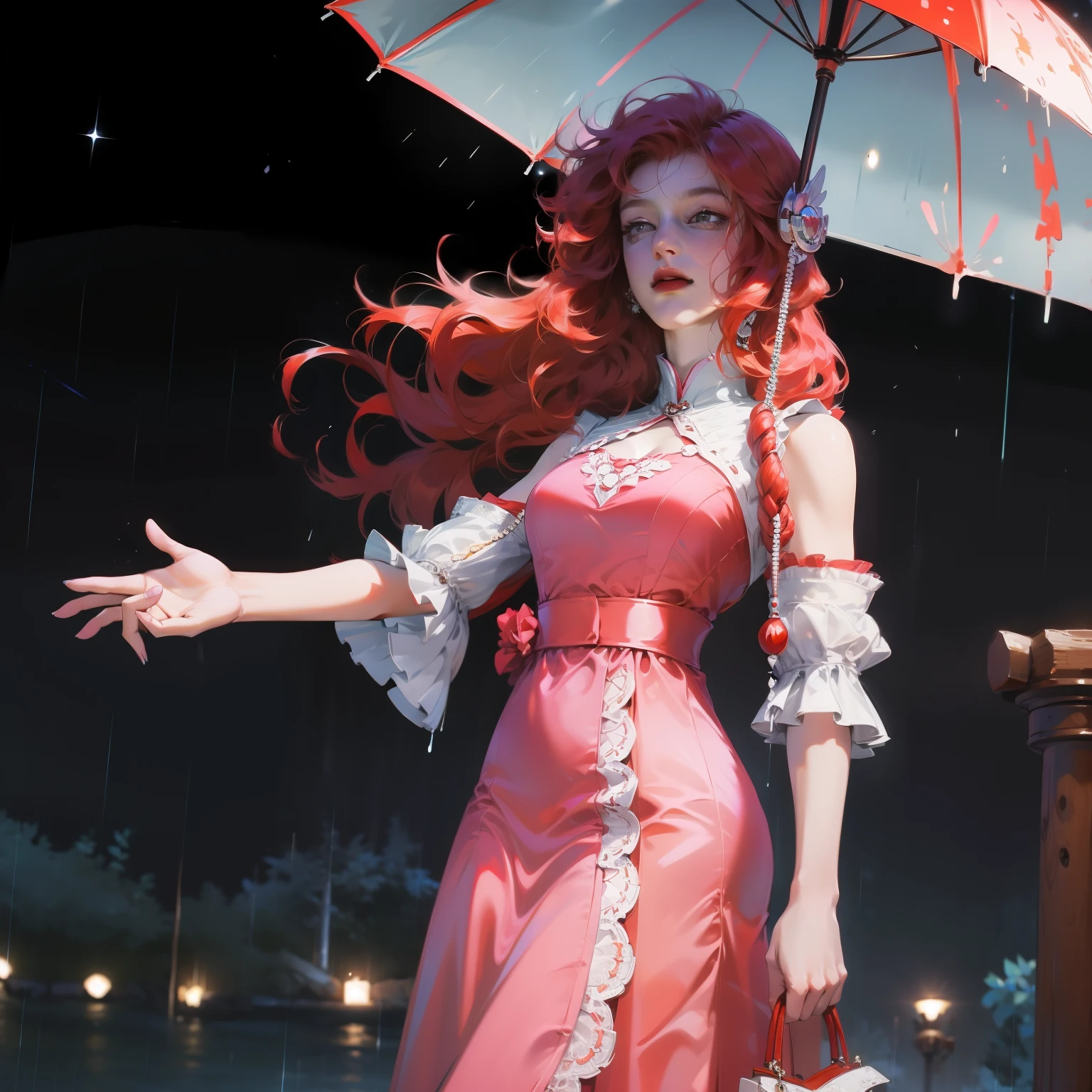 ((best quality, 8k, Lace maxi dress, Standing in the rain, , Highly detailed face and skin texture, Delicateeyes, Double eyelids.),full-body shot