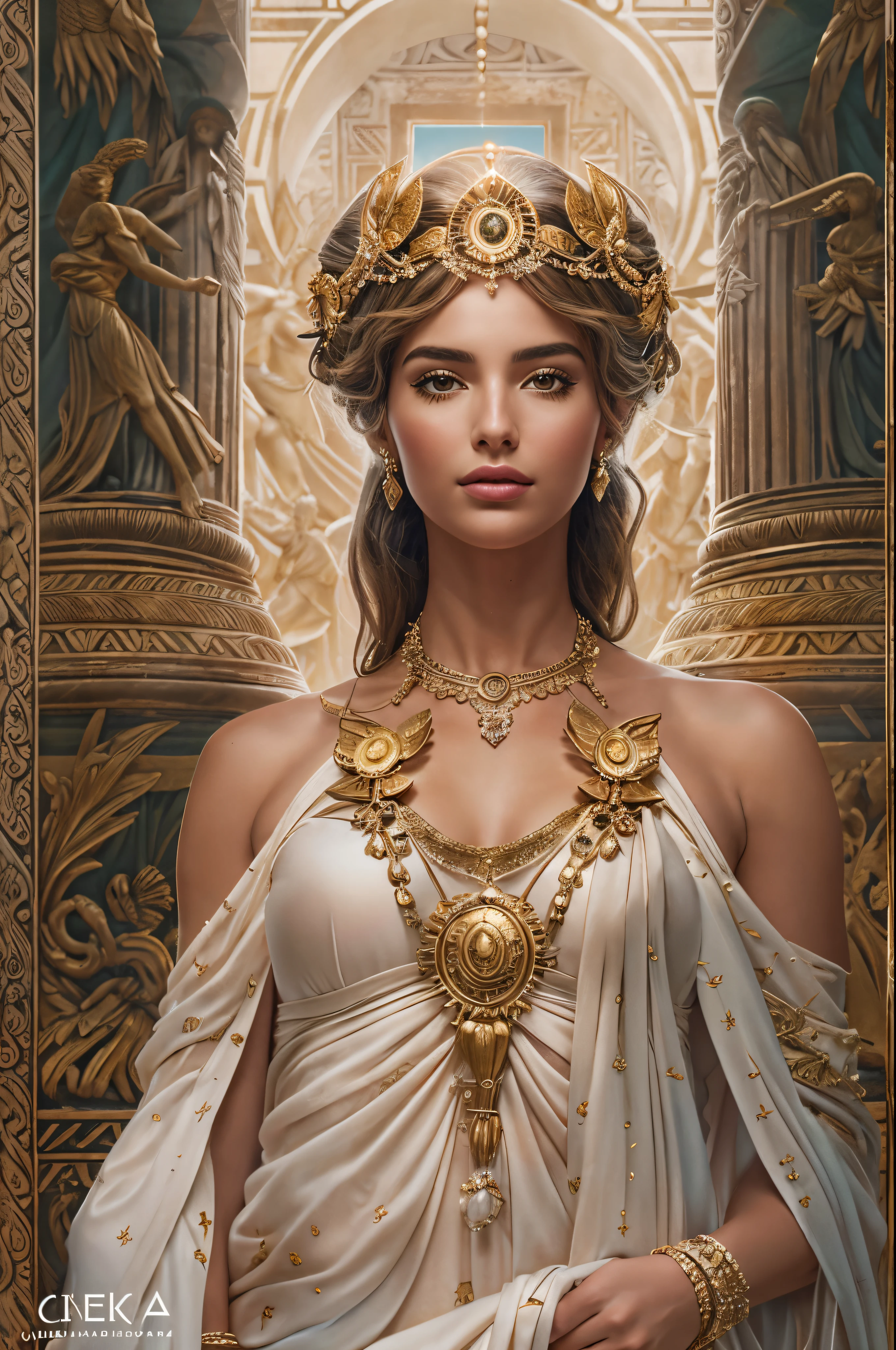 "Imagine an AI-generated piece of artwork that transforms Ana Celia de Armas into a Greek goddess. Picture her in ethereal robes decorated with ancient symbols., Embodying God&#39;s grace and beauty. Surround her with an aura of heavenly light, A background reminiscent of ancient Greek landscapes. Capturing the Goddess Essence of Ana Celia de Armas, Combining modern appeal with the timeless elegance of Greek mythology. She uses a harmonious color palette that reflects both the richness of her tradition and the allure of the mythological world.. The last image is、It&#39;s meant to be a visual tribute to her as a modern-day goddess., A seamless blend of cinematic and ancient mythological worlds."