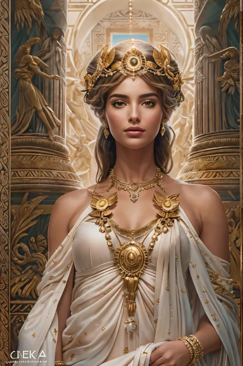 "Imagine an AI-generated piece of artwork that transforms Ana Celia de Armas into a Greek goddess. Picture her in ethereal robes...