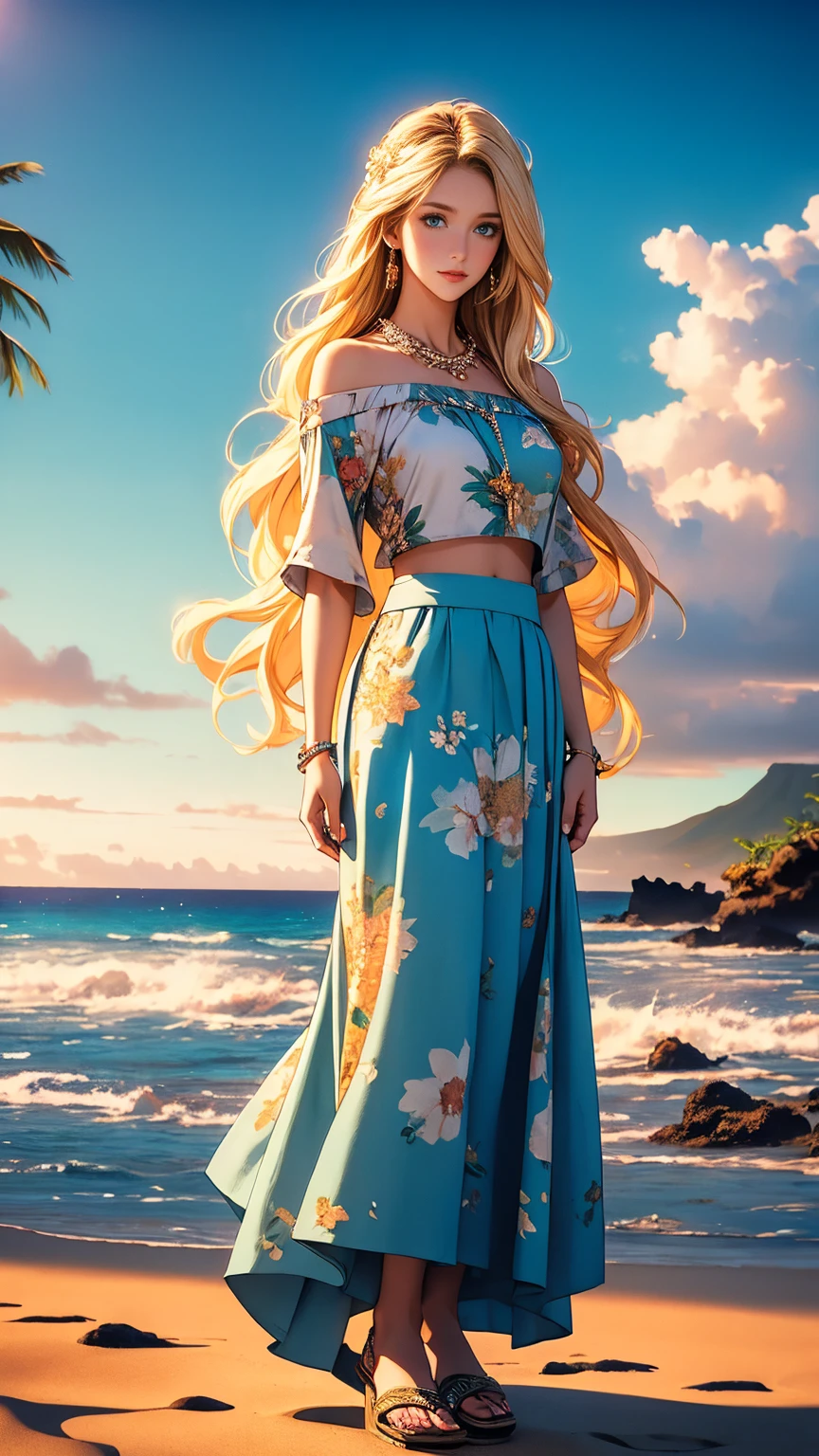 (masterpiece, best quality, high resolution, ultra detailed), (beautiful and aesthetic: 1.2), 1 female, adult female, blonde long hair, blue eyes, gentle face, (slight smile: 0.8), detailed eyes and face, perfect body, full-length figure, beautiful makeup, beautiful hula skirt, Hawaiian skirt, Hawaiian style, Hawaiian shirt, sandals, flowers woven into hair, flower beads on the neck, beach, Hawaii, golden hour, sea , sand, holiday on the beach