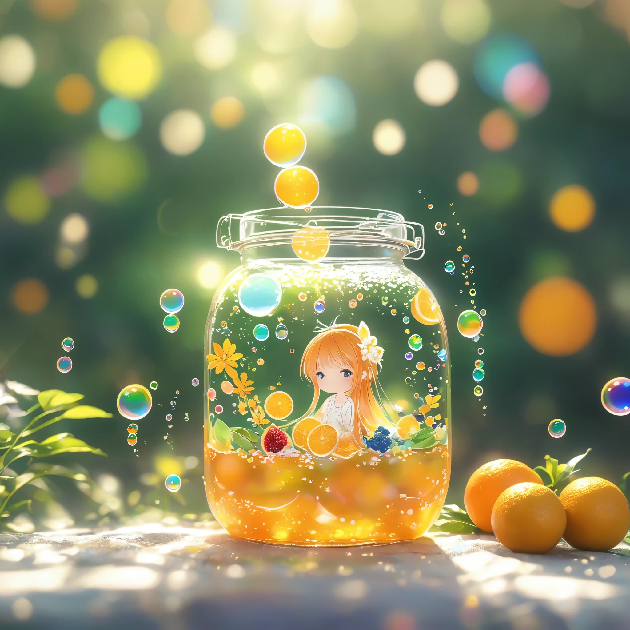 (masterpiece), (best quality), illustration, Ultra Detailed, HDR, Depth of Field, (Colorful), ,(Flowers background:1.45),(Transparent Background:1.3)(an extremely delicate and beautiful girl inside of Glass Can:1.2), (Glass Can:1.35),(solitary:1.2), (whole body), (Beautiful and delicate eyes, Beautiful and delicate face:1.3), (sitting ), (Very long silky hair, white hair:1.15), (Ease_Chest, tally and skinny:1.2), (Colorful clothes:1.3), (extremely detailed lace:0.3), (Extremely detailed decorate:0.3),(Headband , Orange Hair_decorate:1.25),orange jar,water surface,whole body,(Bottle filled with orange water,bottle filled with Fanta:1.25), (many Fruit in a jar, Multiple_Fruit in a jar:1.25), (There are a lot of bubbles:1.25),