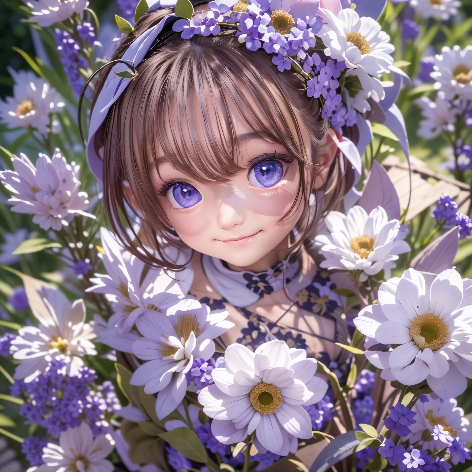 Anime girl with blue eyes surrounded by flowers and purple flowers - SeaArt  AI