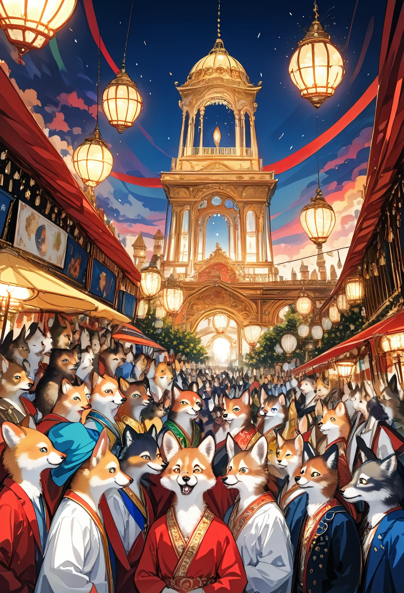 top quality, best quality, High-quality illustrations, masterpiece, super high resolution, detailed background, detailed background, The Arabian Nights' Entertainment, turkish lamp, 6+boys, 6+girls, absurdres(highly detailed beautiful face and eyes)perfect anatomy, expression, good lighting, cinematic shadow(kemono, furry anthro),