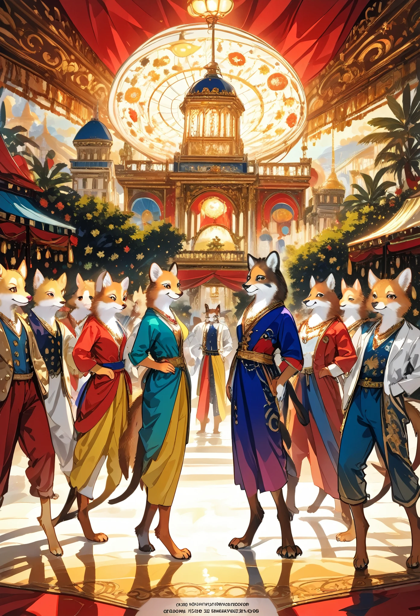 top quality, best quality, High-quality illustrations, masterpiece, super high resolution, detailed background, detailed background, The Arabian Nights' Entertainment, turkish lamp, 6+boys, 6+girls, absurdres(highly detailed beautiful face and eyes)perfect anatomy, expression, good lighting, cinematic shadow(kemono, furry anthro),