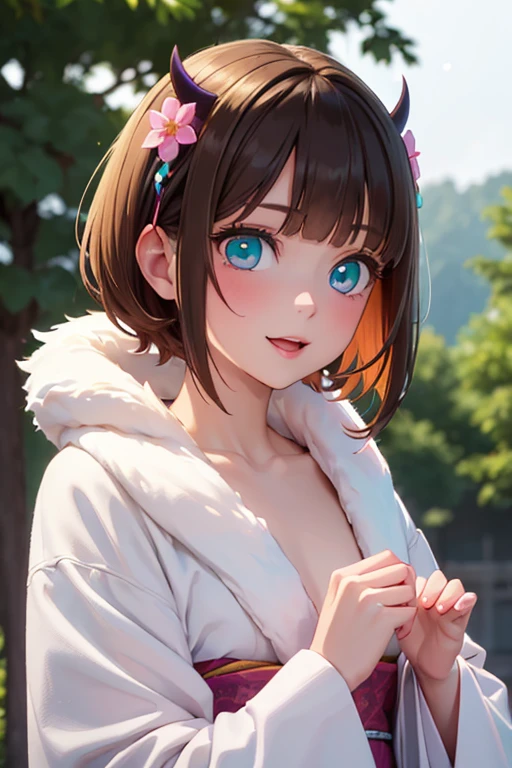 Very detailed CG Unity 8K wallpaper, Cute One lady, Mature hair、lady ,beautiful lady, pale skin (Super masterpiece, Beautiful person, well detailed face polluted smile, Photorealistic, hyper realisitic), Colorful winter kimono in pink and white colors、(white fur)、Japanese Style Hair Accessories、smile、Japanese background with light pink flowers and snow、Portrait、(ref Eyes)、(flat chest:1.1)、(Glowing Skin:1.7)、Detailed eyes、Big eyes、Open your mouth、Hide your armemcho, short hair, blonde hair, multicolored hair, horns, bangs, brown hair, black hair, blunt bangs, two-tone hair, (aqua eyes:1.3)),