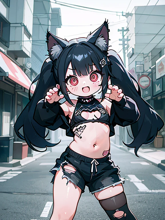2D,solo,1woman\(cute,kawaii,small kid,evil smile,floating hair,messy hair,(black hair:1.2),long hair,twin tails hair,pale skin,skin color blue,red eyes,eyes shining,big eyes,(ripped clothes:1.5),tight tube top,(breast:1.4),tight hot pants,(dynamic pose:1.7),(stomach shown:1.4),(punk fashion:1.4),fluffy black cat-ear,(dynamic pose:1.4),open mouth,better hands,Perfect Hands\), BREAK ,background\(outside,noisy city,backstreet,narrow street,(dark:2.0),neon lights\),[chibi],[nsfw:2.0],quality\(8k,wallpaper of extremely detailed CG unit, ​masterpiece,hight resolution,top-quality,top-quality real texture skin,hyper realisitic,increase the resolution,RAW photos,best qualtiy,highly detailed,the wallpaper/),
