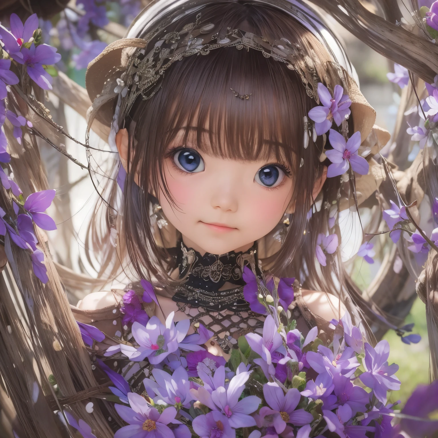 detailed face, cute face,brown eye, masterpiece, highest quality, Super detailed, figure, 1 girl,alone, image body, flower, looking at the viewer, purple eyes, eyes like jewels, very fine eyes, highly detailed face, star (null), purple energy,  handrail