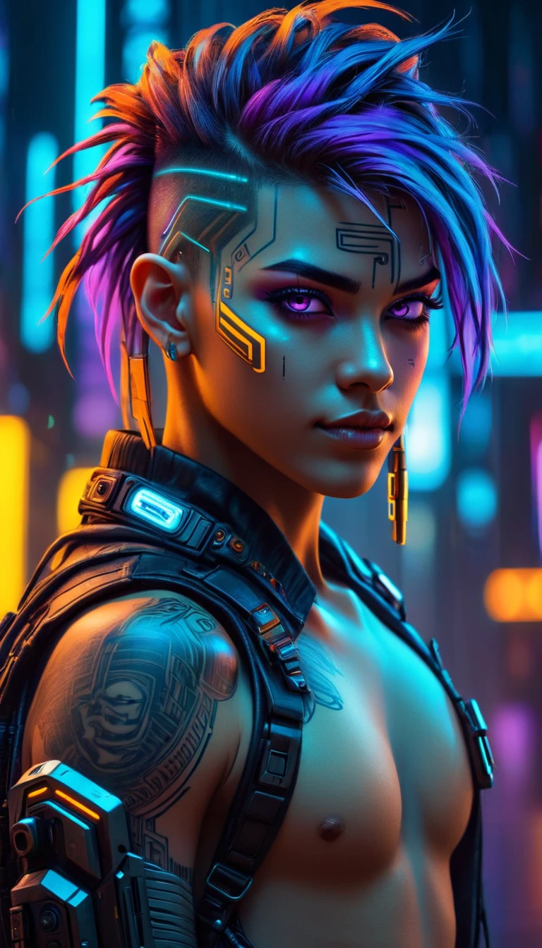 Tiro inteiro:1.4, corpo todo: 1.4, ((um jovem confiante, sensual e bonito, ultra detalhado)), ((sorriso sensual, with a tattoo on his arm and cheek, penteado lindo e masculino, jovem e bonito cyberpunk, lindo garoto cyberpunk rosto olhos castanhos claros:1.4)), sonhadores, ((cabelo lindo e detalhado, suave e luminoso:1.3)), ambiente de noite escura, cores noturnas, violet, Azul, preto, cinza, 8k ultra-realista, cyberpunk 20 anos. uma modelo , O retrato, Arte digital altamente detalhada em 32k, linda arte digital, Ciborgue Cyberpunk. ((laranja, Ciano, cores marrons: 1.2)), Arte digital realista 8k, soft neon lighting on face and body, Tiro inteiro: 1.4, (( Altamente detalhado: 1.4), (( obra de arte )), (Hiper detalhado e bonito: 1.3), (fotorrealista: 1.4)