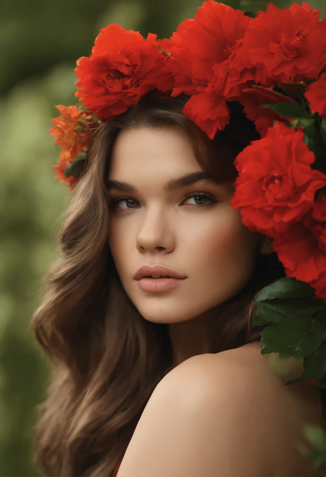 Arafed woman with red flowers in her hair and a red flower crown - SeaArt AI